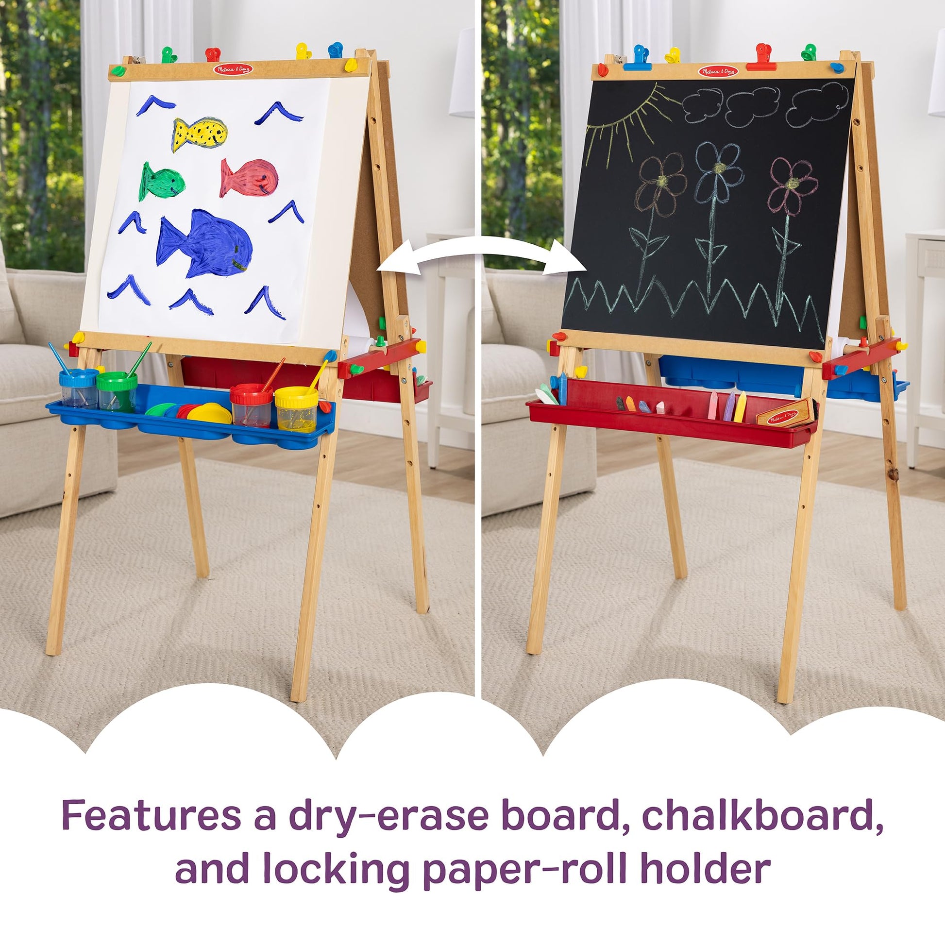 Melissa & Doug Deluxe Wooden Art Easel for Kids with Dry-Erase Board, Chalkboard & Drawing Paper Roller, Folding Double-Sided Toddler Easel, Preschool