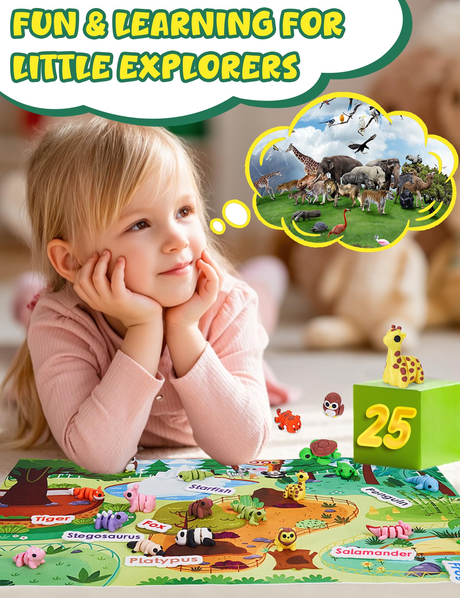 SHUWND MINI 3D Printed Zoo Animals Felt Story Board Set, 25Pcs Jungle Animals Toys, Thicker Flannel Board, Preschool Learning Toy, Interactive
