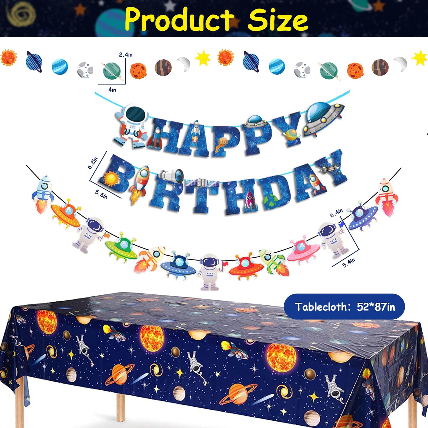 Outer Space Party Decorations - Space Theme Supplies with Happy Birthday Banner Solar System Tablecloth for Galaxy Party Decor (Tablecloth+Flag