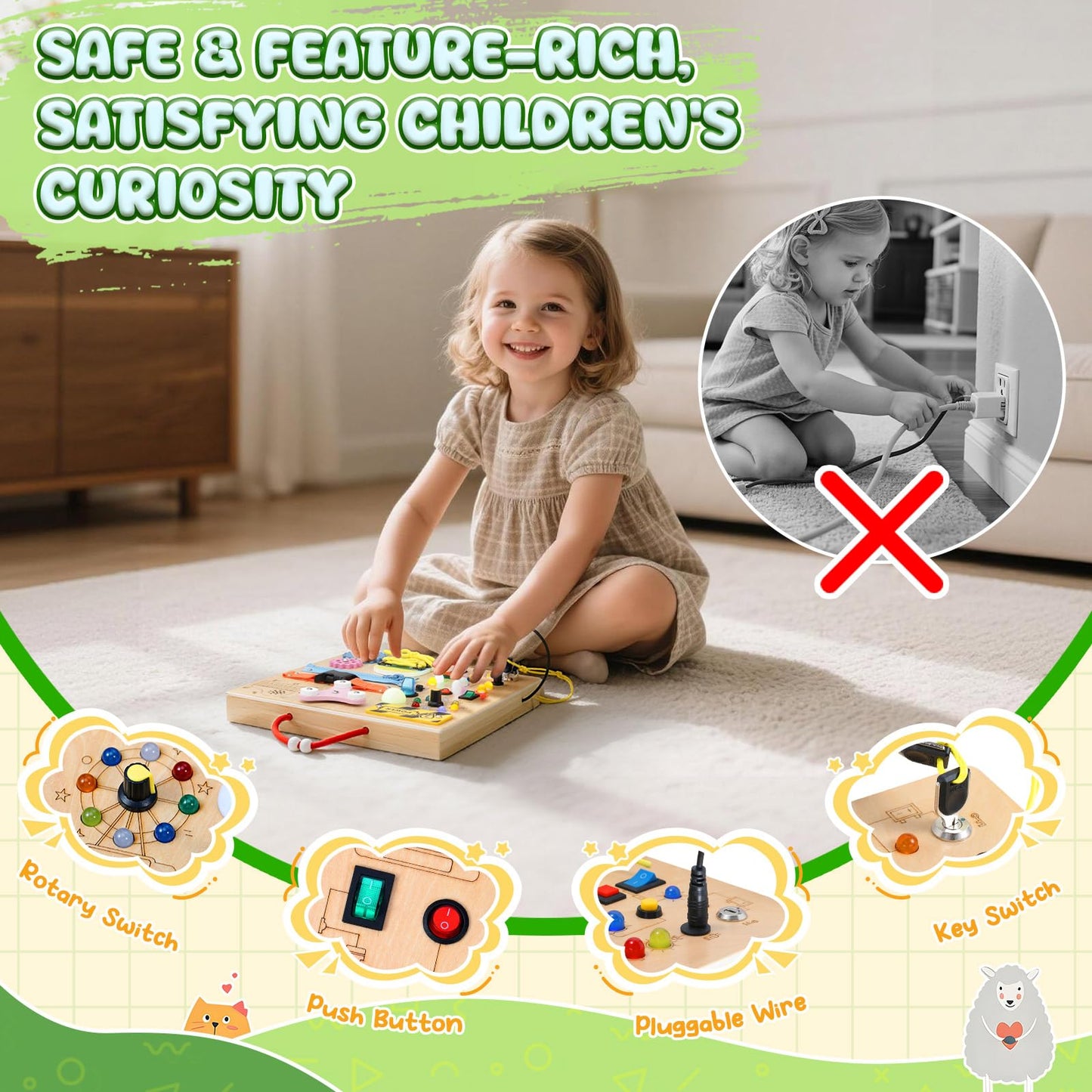 MoKo Montessori Busy Board Toys for 3+ Years Old Wooden Sensory Toys Board with LED Light Up Switch, Locks, Zippers, Music Boxes Learning Educational