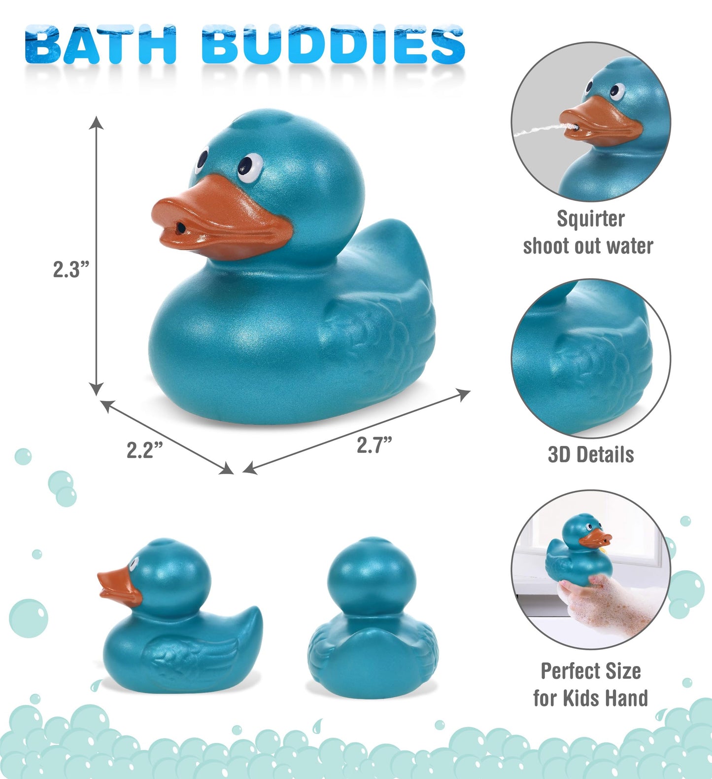 DolliBu Metallic Blue Duck Bath Buddy Squirter - Floating Blue Duck Rubber Bath Toy, Fun Water Squirting Bath Time Play for Toddlers, Animal Toy