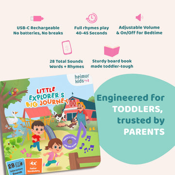 HEIMUR KIDS Little Explorer's Big Journey Sound Book | 28 Button Interactive Toddler Learning Toy | USB-C Rechargeable Nursery Rhymes & First Words