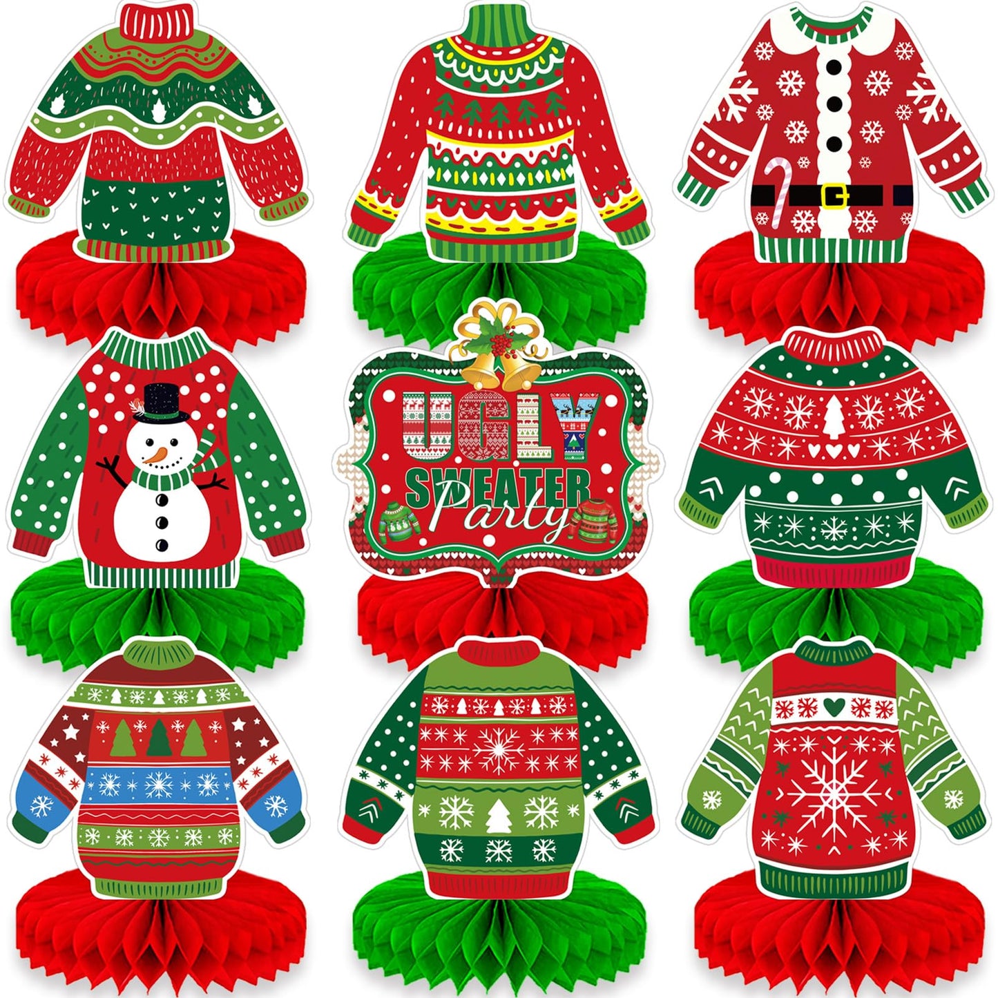 9 Pieces Ugly Christmas Sweater Honeycomb Centerpieces Table Decor, Holiday Party Table Toppers Ornaments Signs, Fun Xmas Sweater Party Decorations