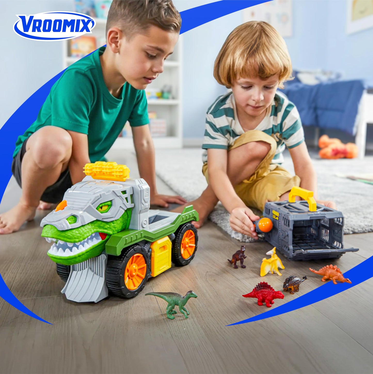 Vroomix JOVA Dinosaur Toys for Kids 3-5, Dinosaur Carrier Truck with 2 Pcs Cars and 6 Pcs Figures for Toddlers, T.Rex Truck with Launcher and Darts