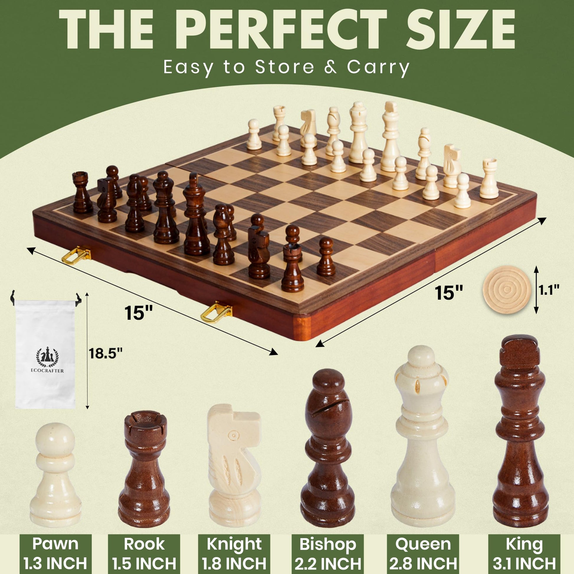 ECOCRAFTER 15'' 2 in 1 Wooden Magnetic chess and checkers set (2 Extra Queens, Foldable Chess set & Cotton Storage Bag) Magnetic Chess Sets for Adults