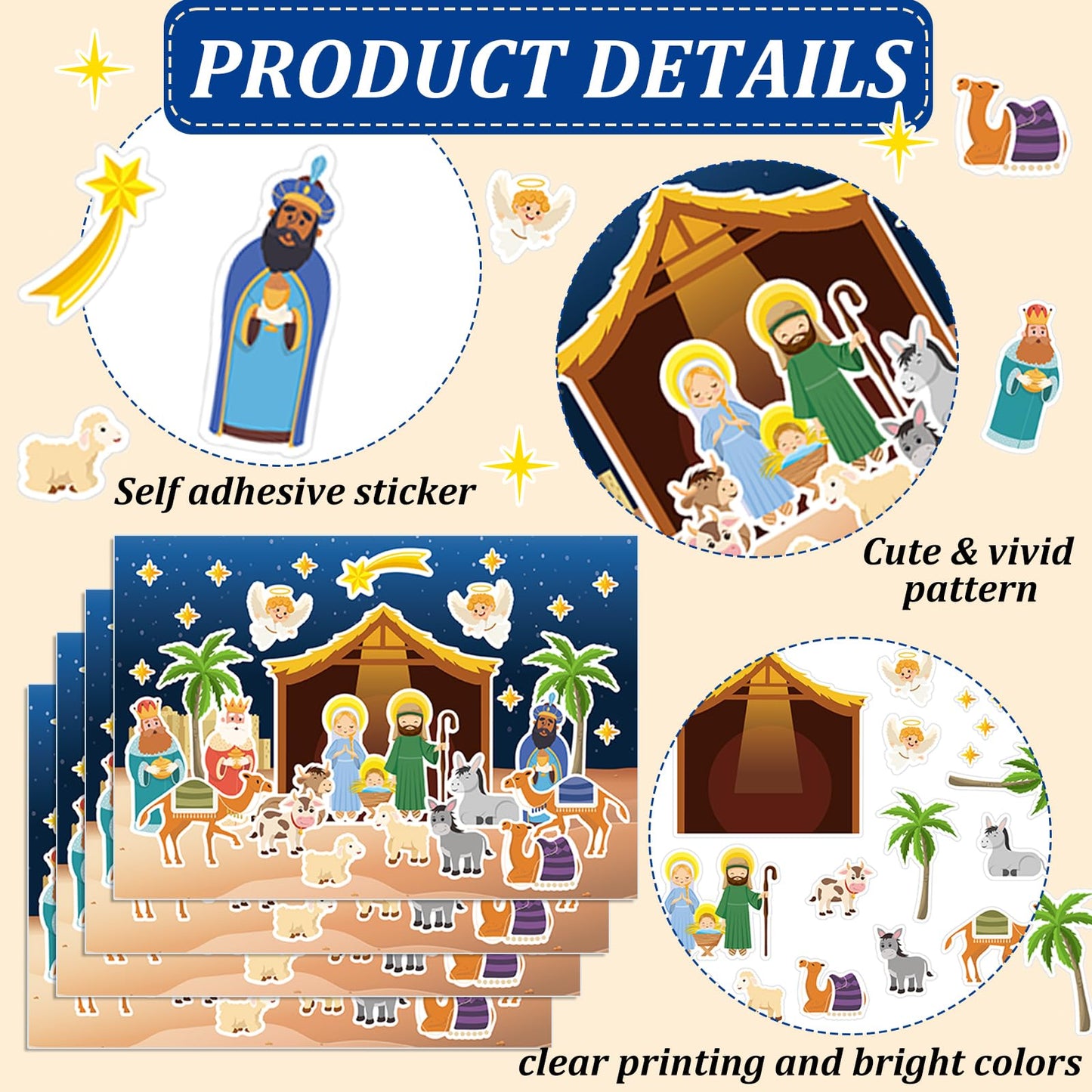60 Sheets Christmas Nativity Stickers Make a Nativity Scene Crafts Kit DIY Jesus Birth Stickers Christian Cardboard Ornament for Christmas Decorations