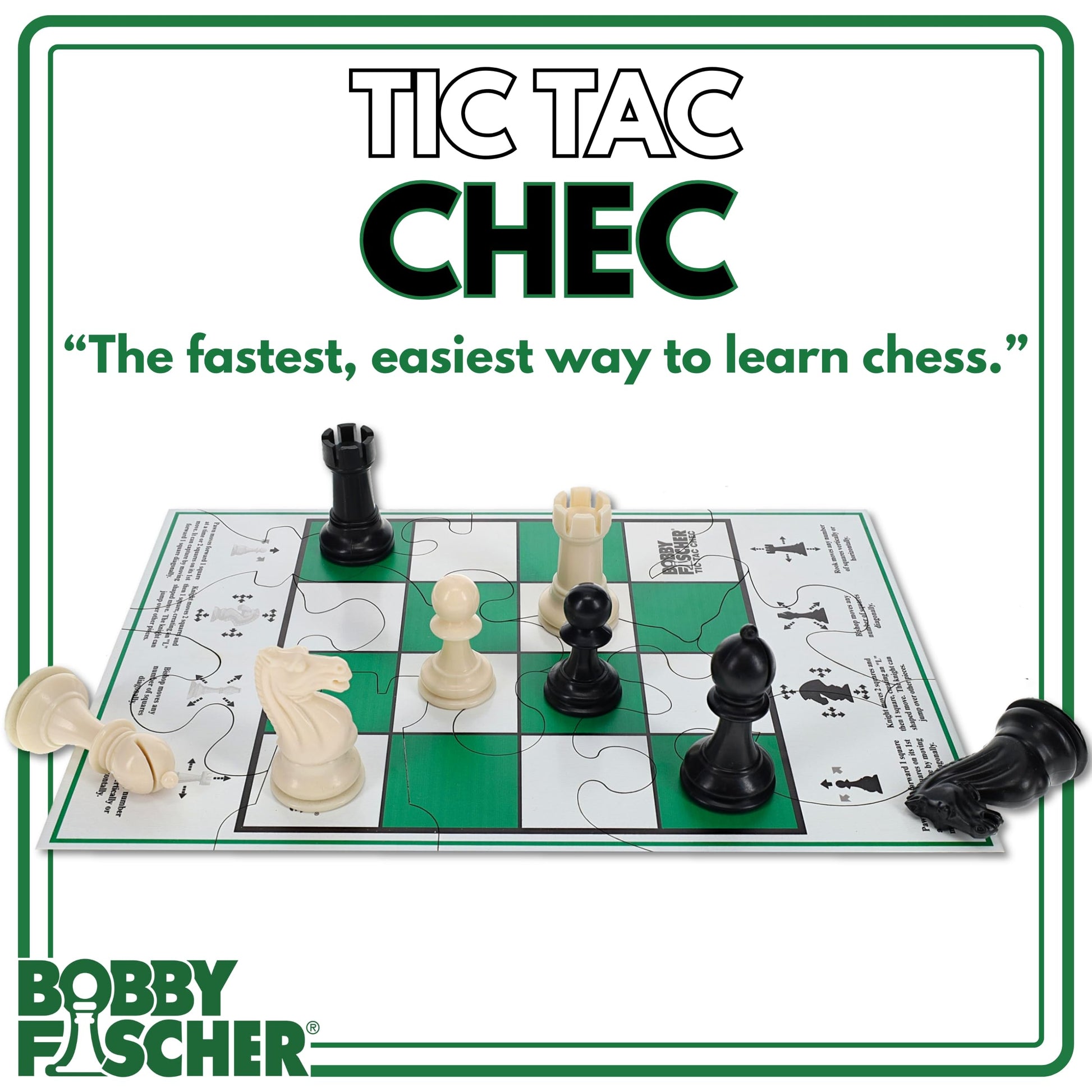 Bobby Fischer Tic Tac Chec, 2-Player Chess Strategy Game, Tic Tac Toe & Chess Combination Game, 4x4 Board with Illustrated Move Guide