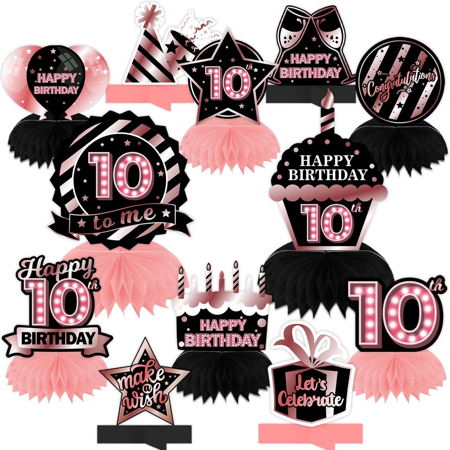 Happy 10th Birthday Rose Gold and Black Table Honeycomb Centerpieces Balloons Theme Decor Table Decorations Table Toppers for Girls Women Princess 10