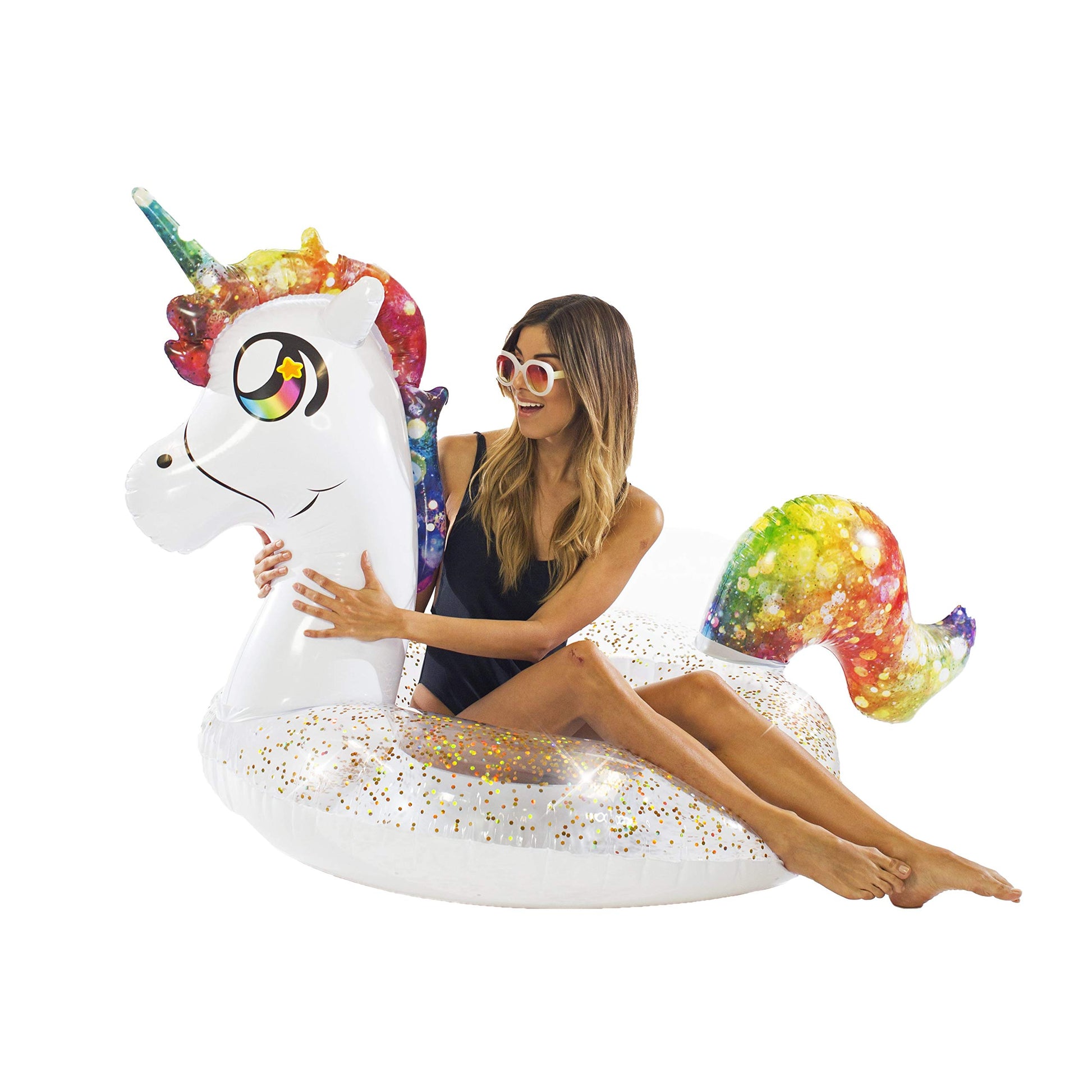 PoolCandy Inflatable Animal Pool Tubes & Swim Rings (Unicorn Glitter Filled 48" inch Animal Pool Tube Swim Ring)