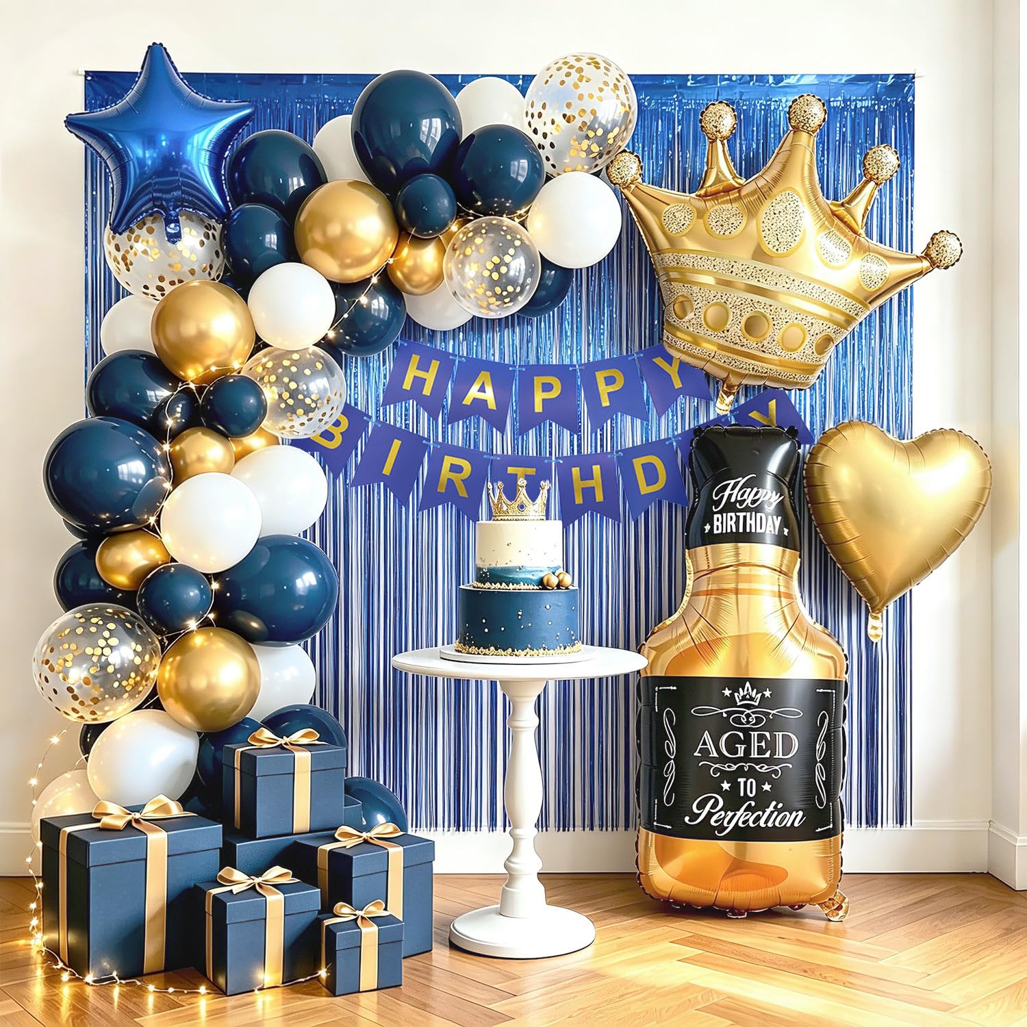MSMANCY Navy Blue Birthday Decorations for Men, Happy Bithday Banner Foil Balloons Gold White Confetti Balloons for Men Boy Adults Birthday Party