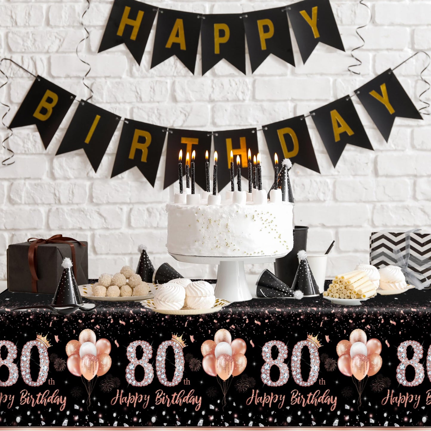 GREHUMOR 3Pcs 80th Birthday Tablecloth Decorations for Women-Rose Gold Pink Table Cloth Happy 80 Birthday Theme Party Supplies Table Cover Plastic