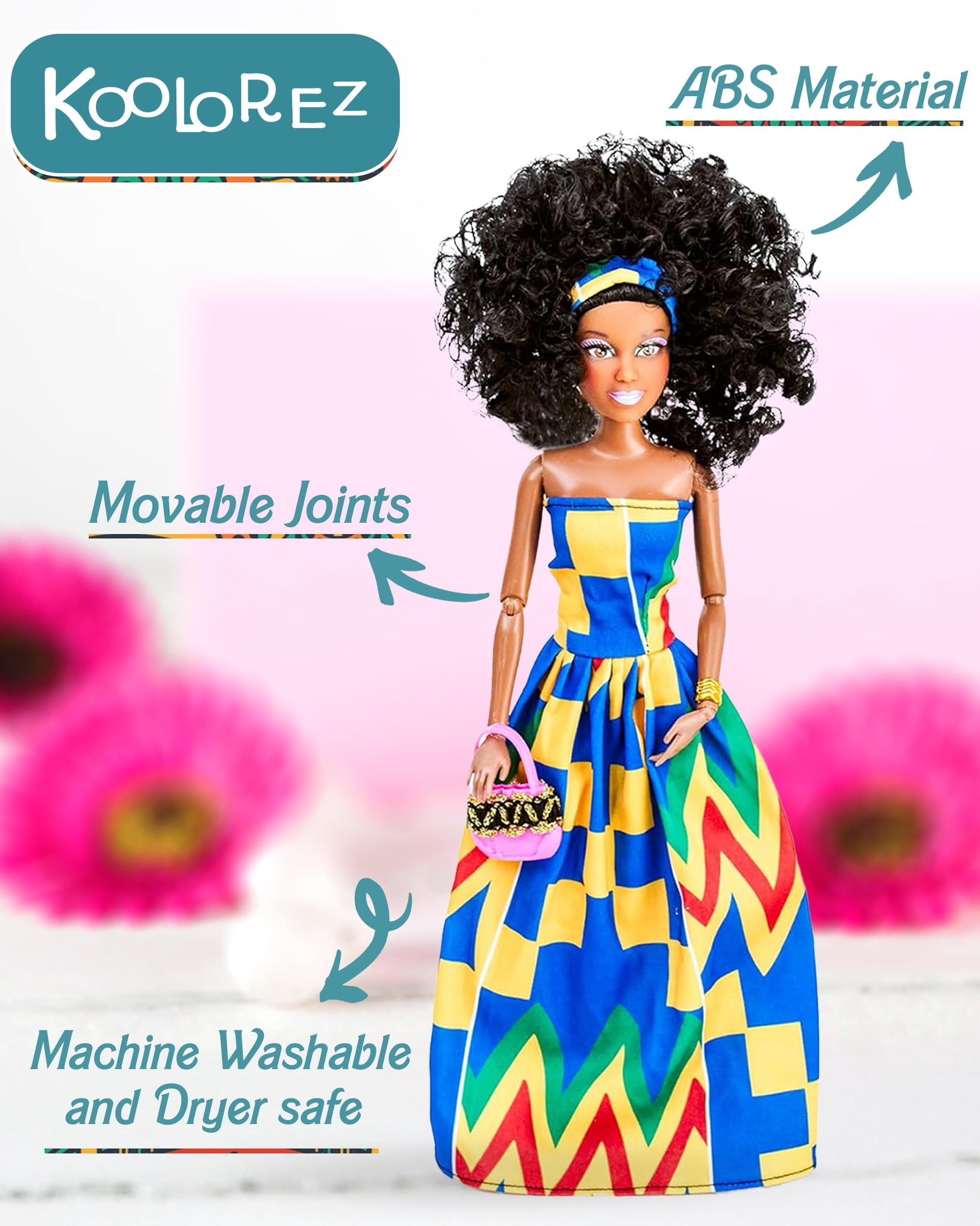 KOOLOREZ: Olivia - Our Queens Black Doll Set - Brown/Black Afro Doll