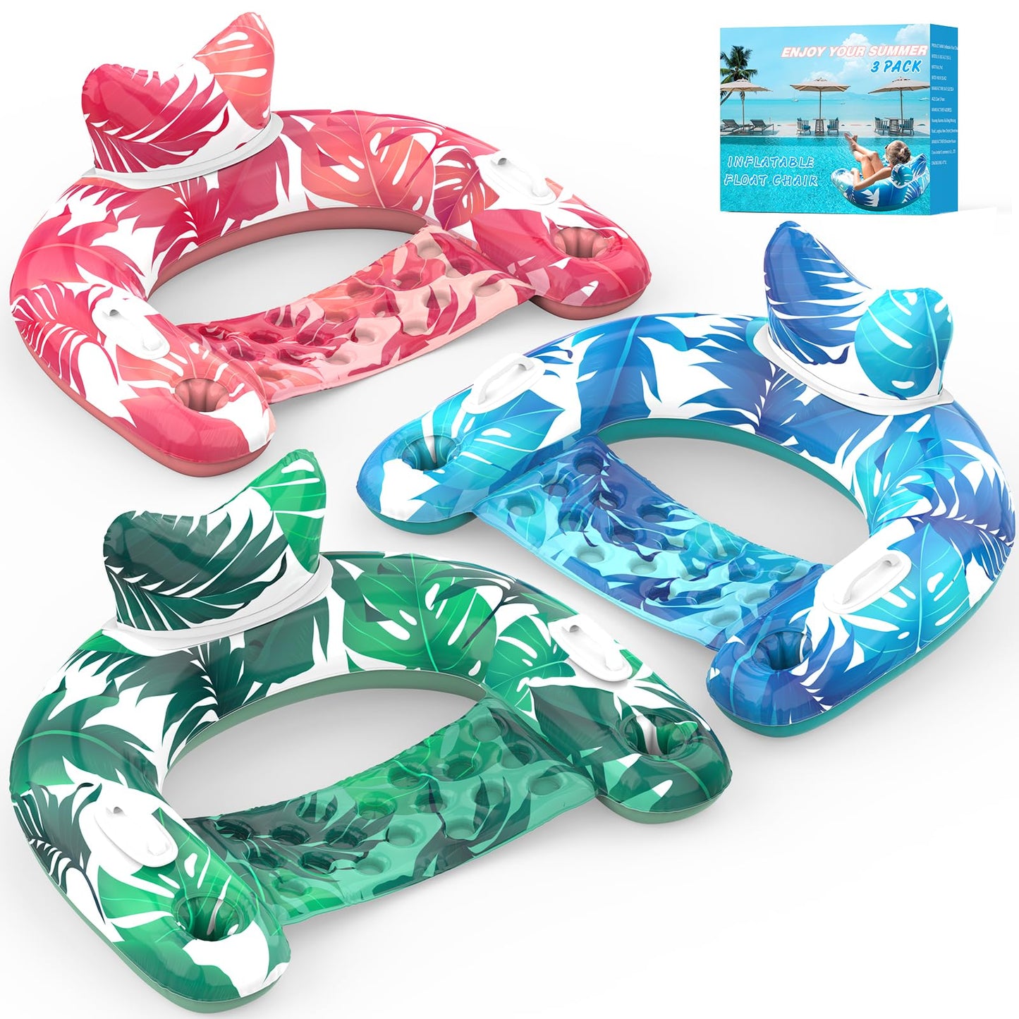 KEUCL Pool Floats, 3 Pack Inflatable Pool Float Chairs with Cupholders & Handles, Pool Floats Adult & Kids Perfect for Pool Lake & Rivers, Pool Toys