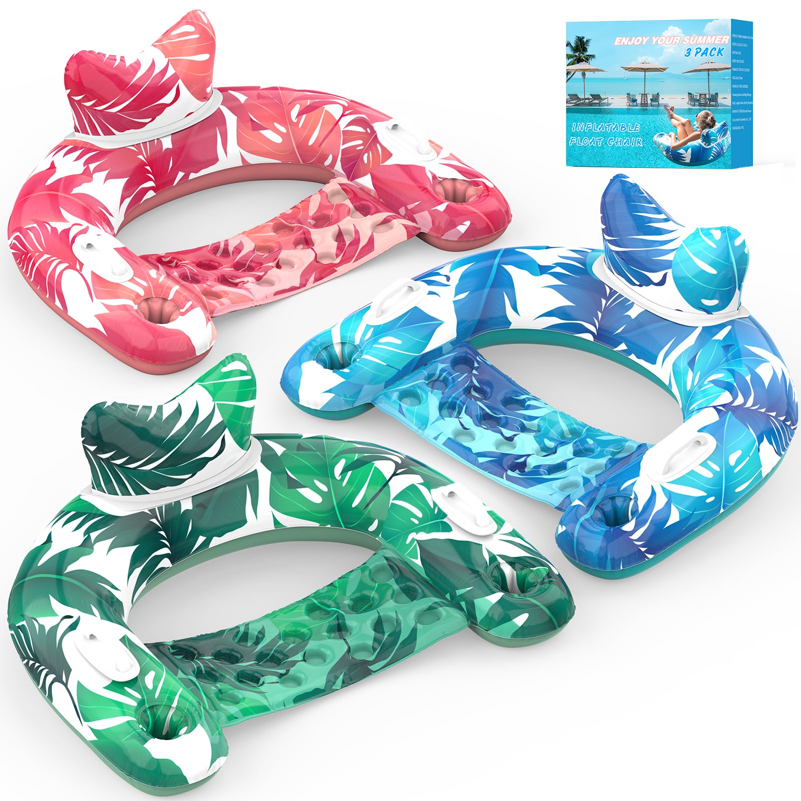 KEUCL Pool Floats, 3 Pack Inflatable Pool Float Chairs with Cupholders & Handles, Pool Floats Adult & Kids Perfect for Pool Lake & Rivers, Pool Toys