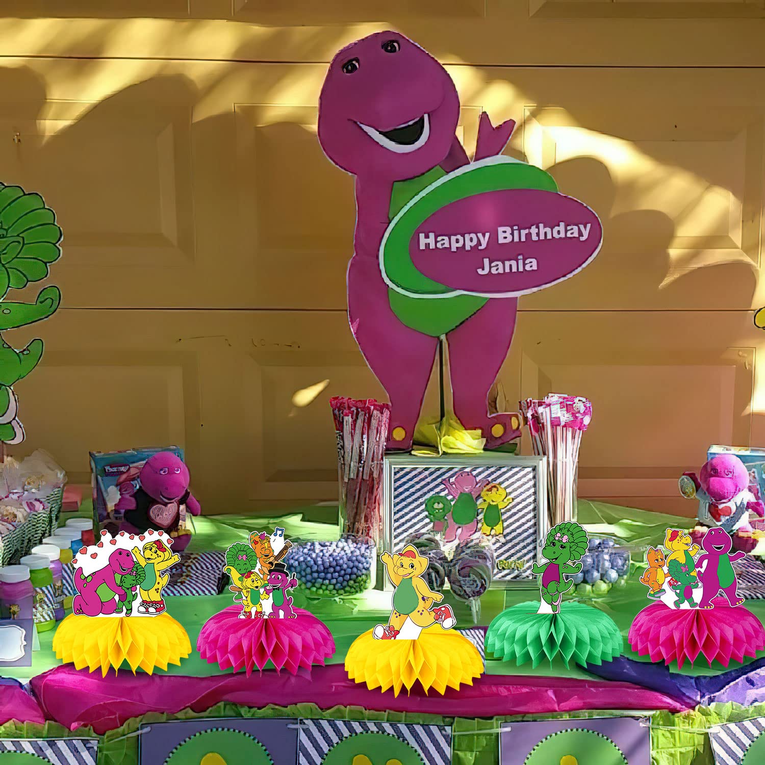 Barney Party Decorations Honeycomb Centerpiece, 7 Pieces Barney Purple Dinosaur Theme 3D Double Side Cake Toppers Table Centerpieces, Barney Photo