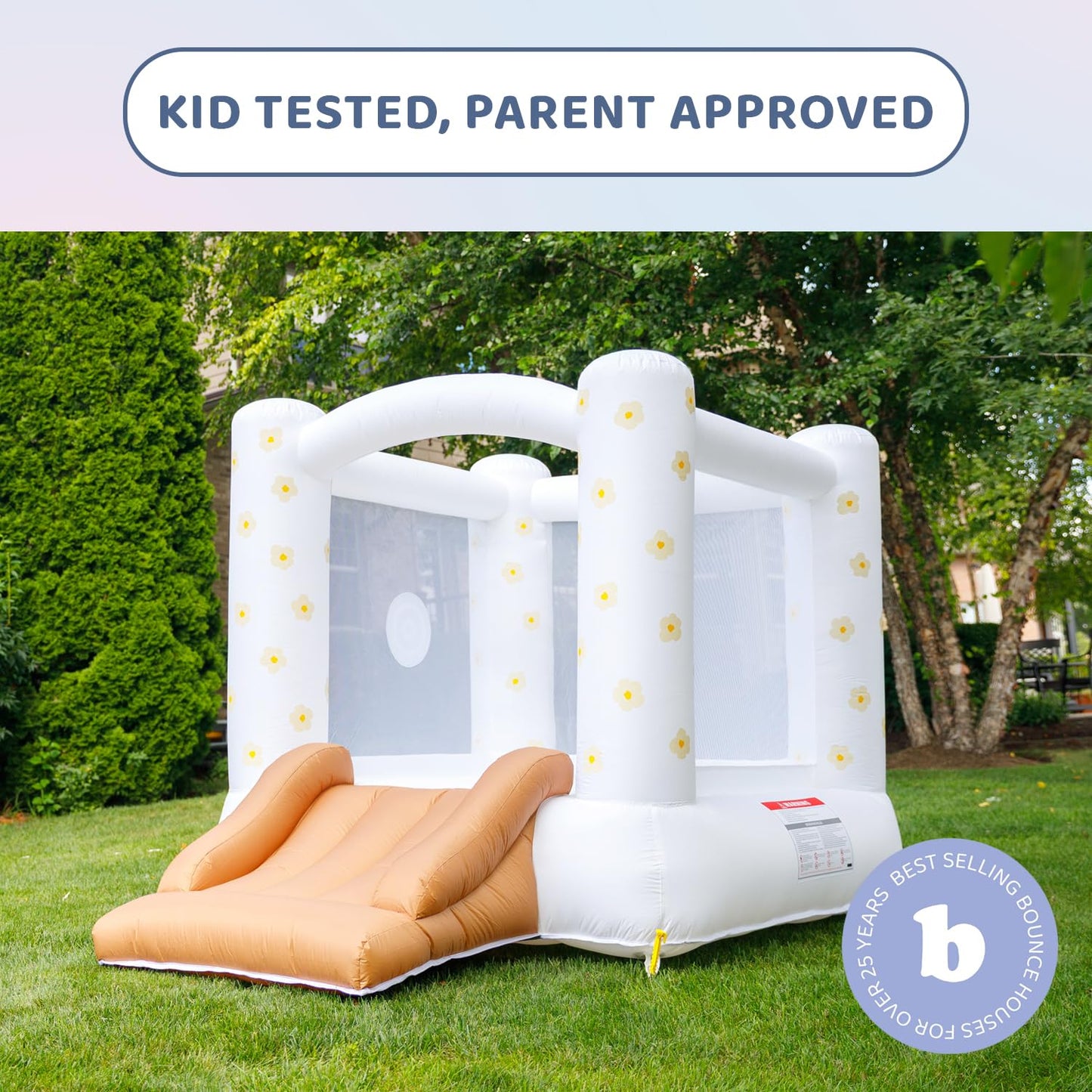 Bounceland in Bloom Playland Bounce House, 8.5 ft L x 7 ft W x 6.5 ft H, Neutral Floral Bounce House with Slide, UL Blower Included, Trendy Bouncer
