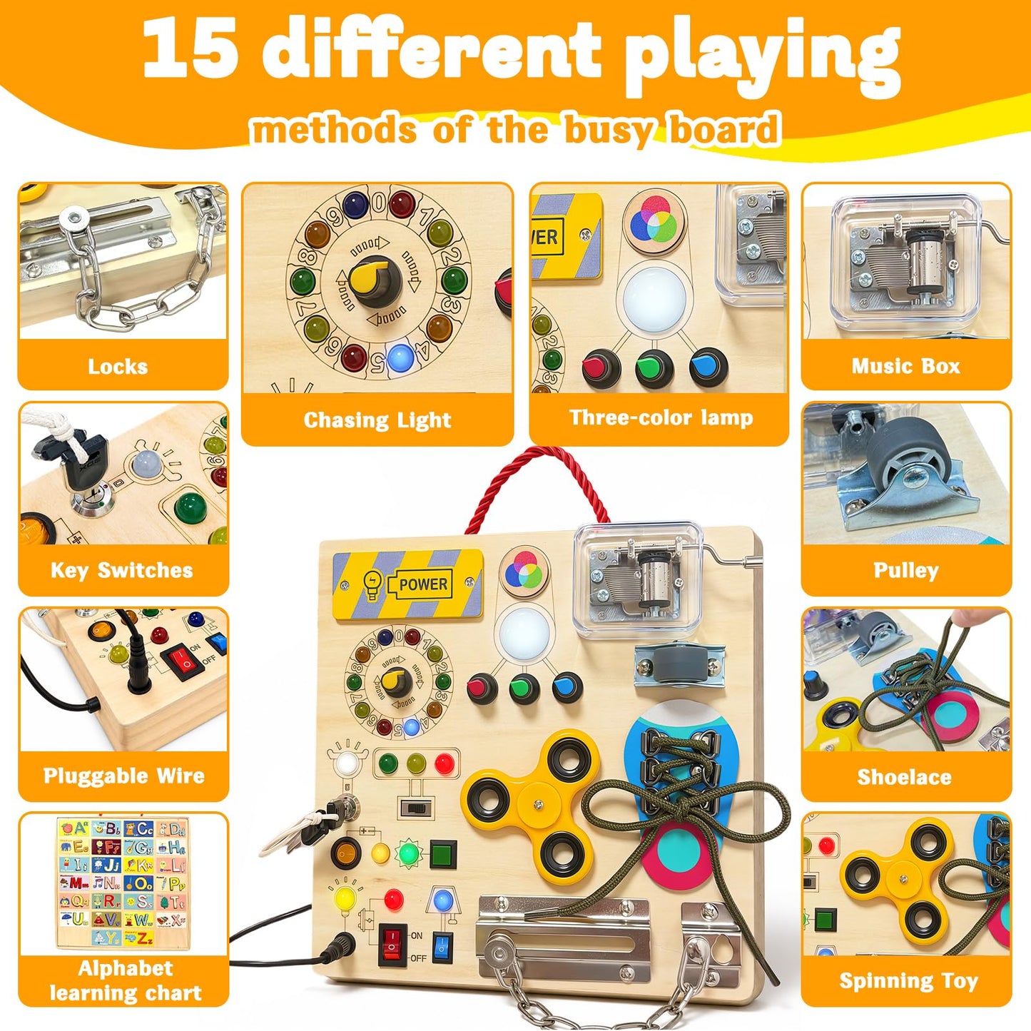 Busy Board with LED Light Switches, Montessori Toys for Toddlers 1-3, Wooden Sensory Activity Board, Travel Learning Toy for Boys & Girls, Educational