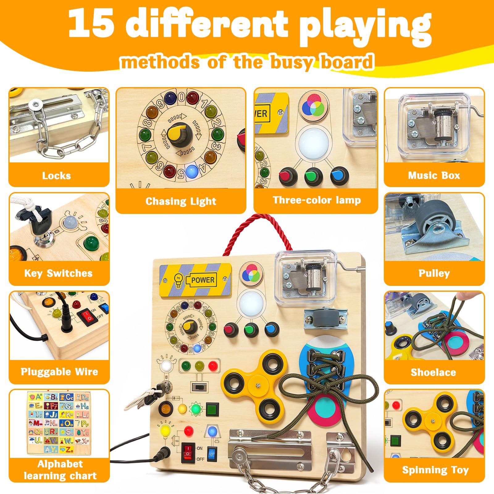 Busy Board with LED Light Switches, Montessori Toys for Toddlers 1-3, Wooden Sensory Activity Board, Travel Learning Toy for Boys & Girls, Educational