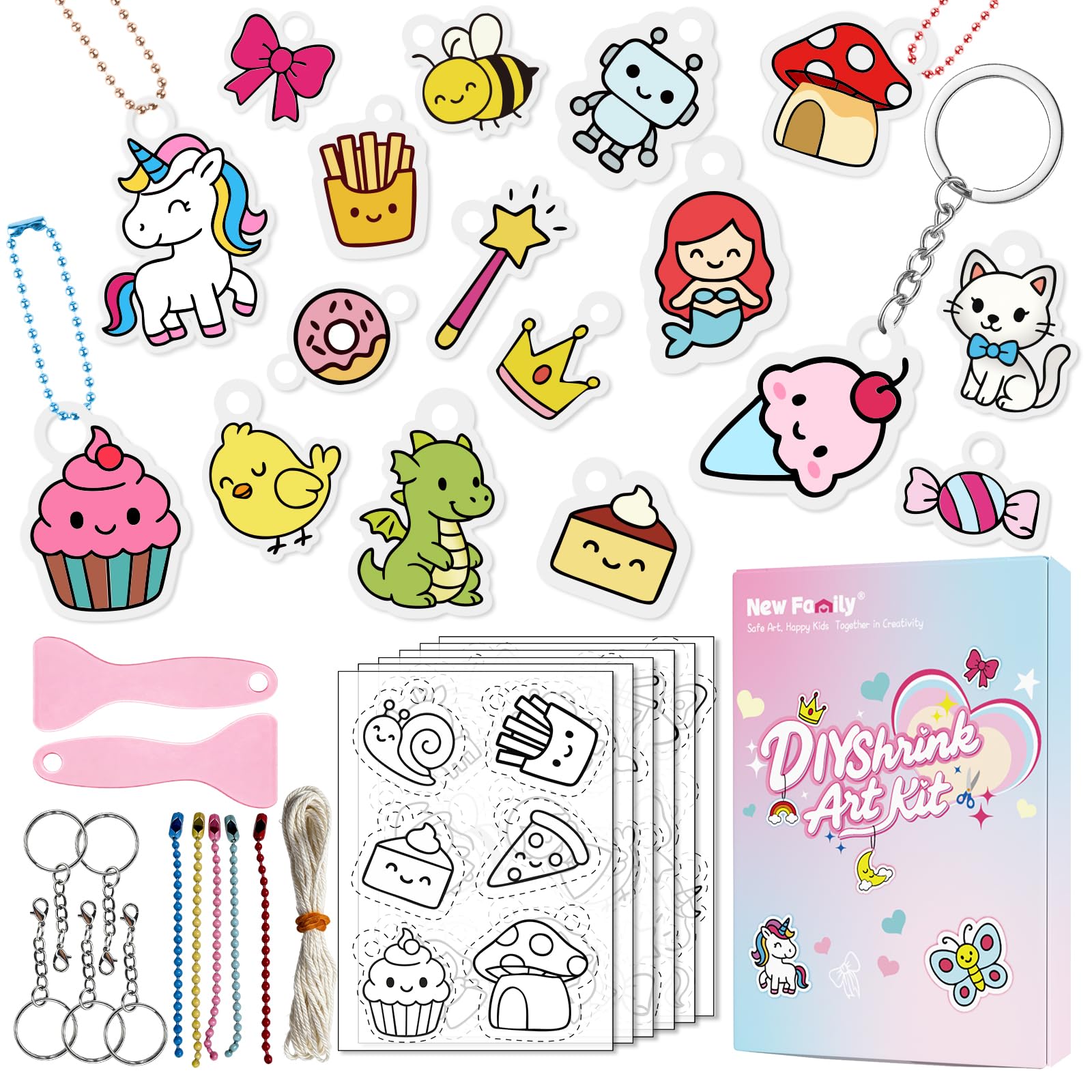 NewFamily 51Pcs Shrink Art Kit for Kids, 36 Pre-Cut Shrink Plastic Charms with 15 Charm Accessories, No-Mess DIY Jewelry Making Craft Set for Girls