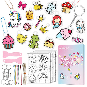 NewFamily 51Pcs Shrink Art Kit for Kids, 36 Pre-Cut Shrink Plastic Charms with 15 Charm Accessories, No-Mess DIY Jewelry Making Craft Set for Girls