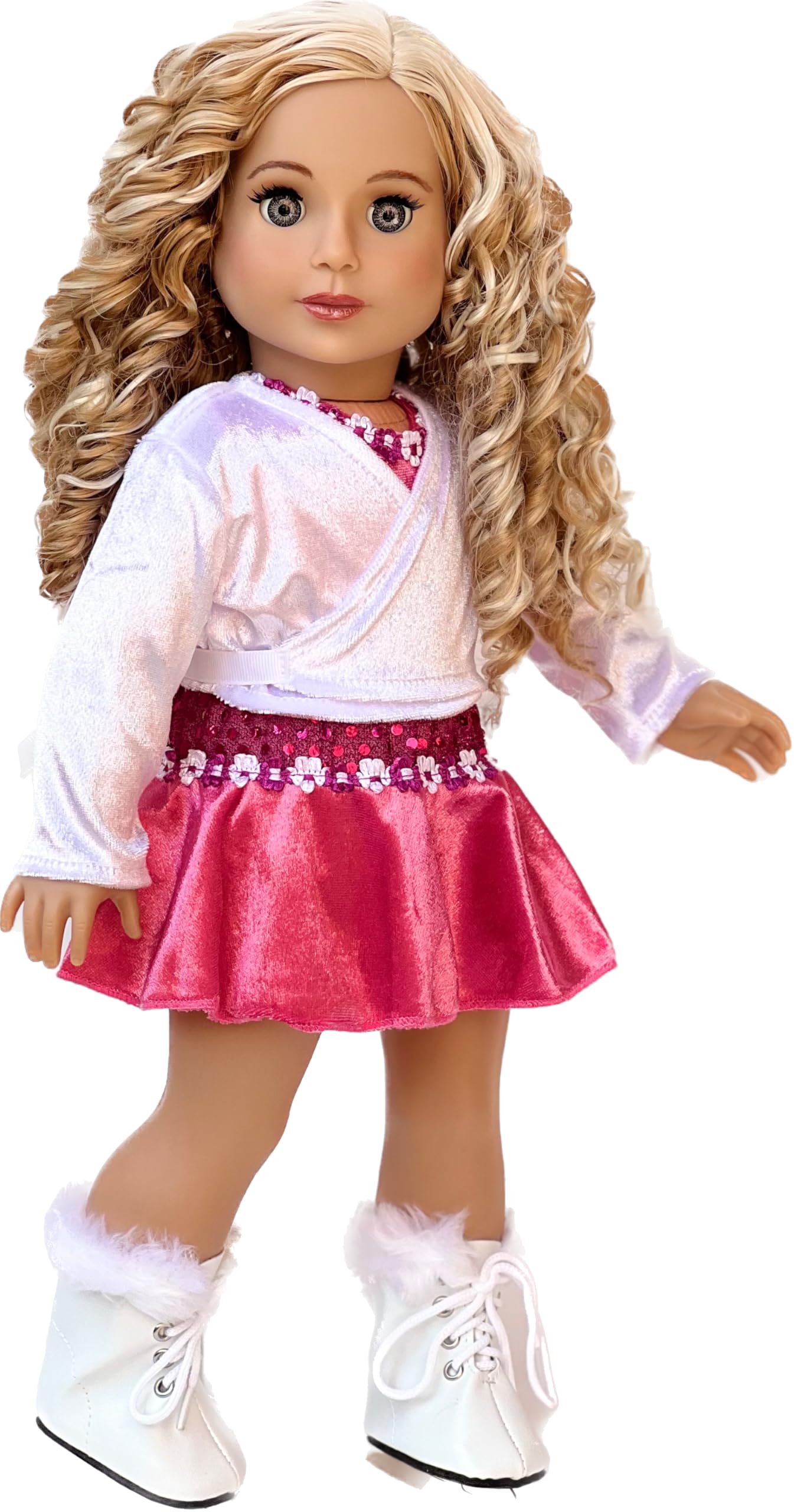 Ice Skating Girl - 4 Piece Ice Skating Outfit for 18 Inch Doll - Pink Leotard with Skirt, White Warmup Sweater and White Ice Skates - 18 Inch Doll