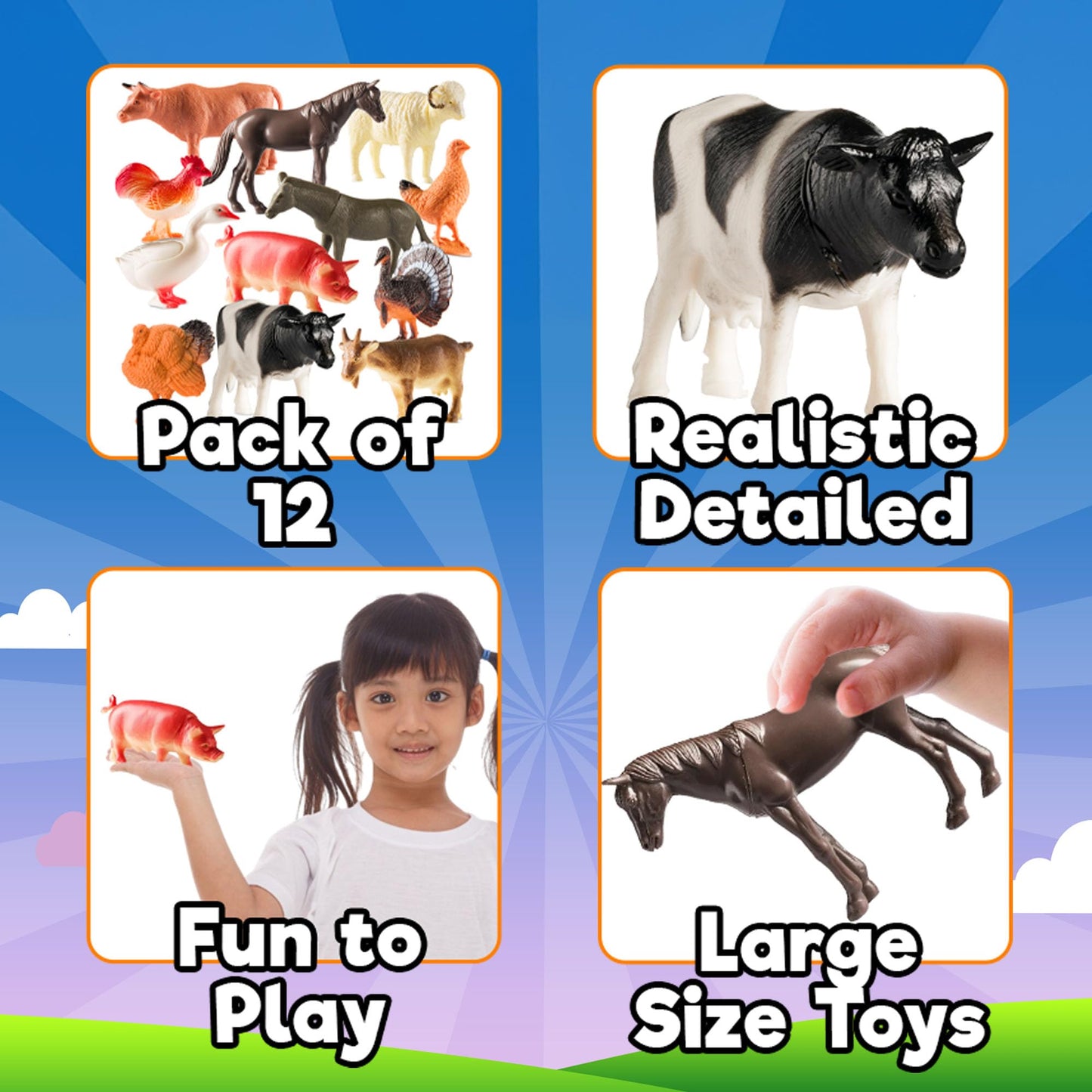 Bedwina Large Farm Animal Toys - 12 Pack - Plastic Farm Animals for Kids, Realistic 3-5 Inch Ranch / Barnyard Toy Figures Styles Include Sheep, Horse
