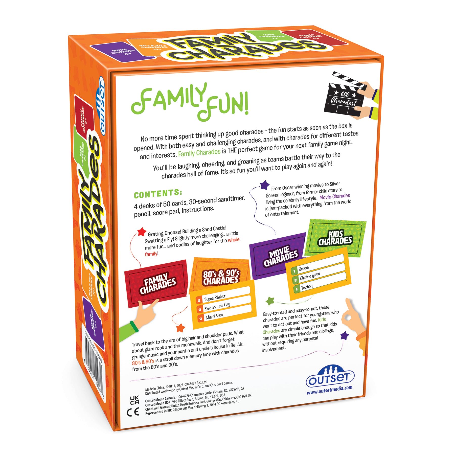 Outset Media Family Charades Game; 4 Games in 1 Box. Includes Movie, 80's 90's, Kids, Family Trivia for 2 or More Players, Ages 7 and up.