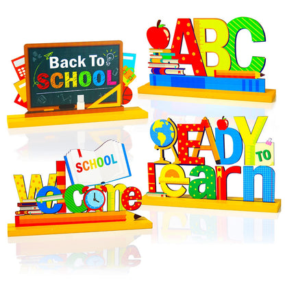 4 Pieces Back to School Party Decorations Wooden First of School Centerpieces Ready to Learn Table Toppers for School Classroom Home Teacher Party