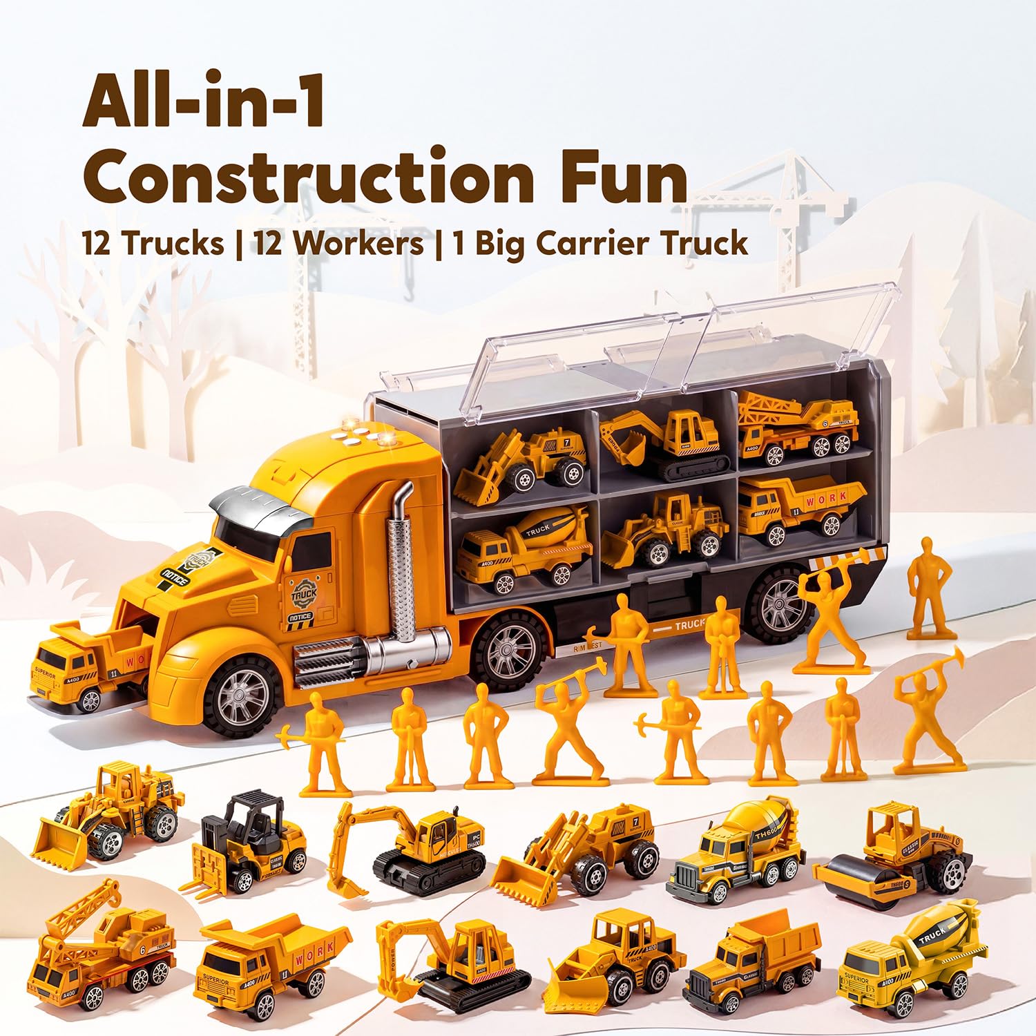 JOYIN 25-in-1 Construction Truck Toy Set with 12 Vehicles & 12 Worker Figures, Push and Go Toy Trucks with Sound and Light, Construction Toys Birthday