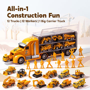 JOYIN 25-in-1 Construction Truck Toy Set with 12 Vehicles & 12 Worker Figures, Push and Go Toy Trucks with Sound and Light, Construction Toys Birthday