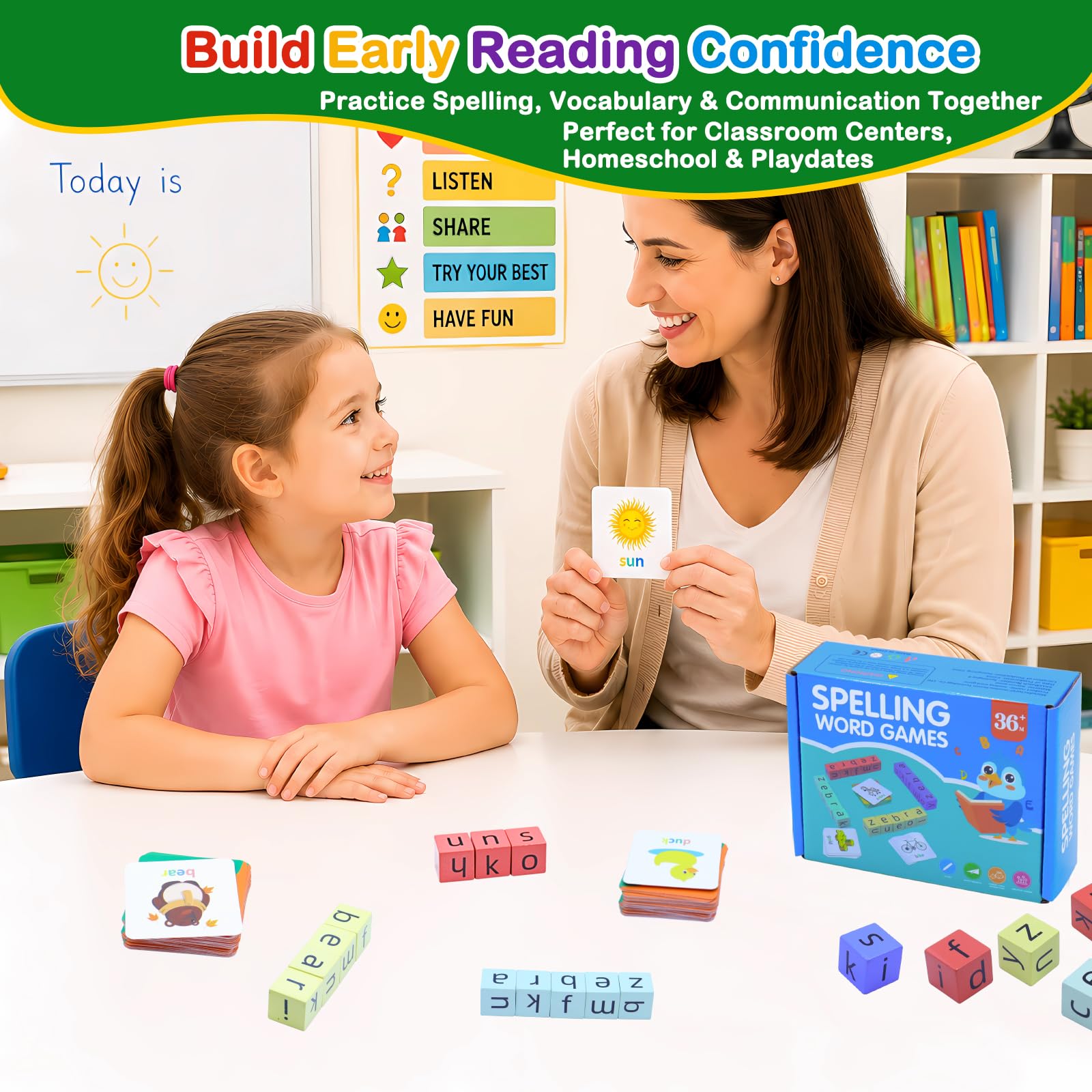 Humerry Spelling Games for Kids Ages 3-6, CVC Word Matching Letter Game, Phonics Learning Toy with 54 Flash Cards for Preschool Boys Girls
