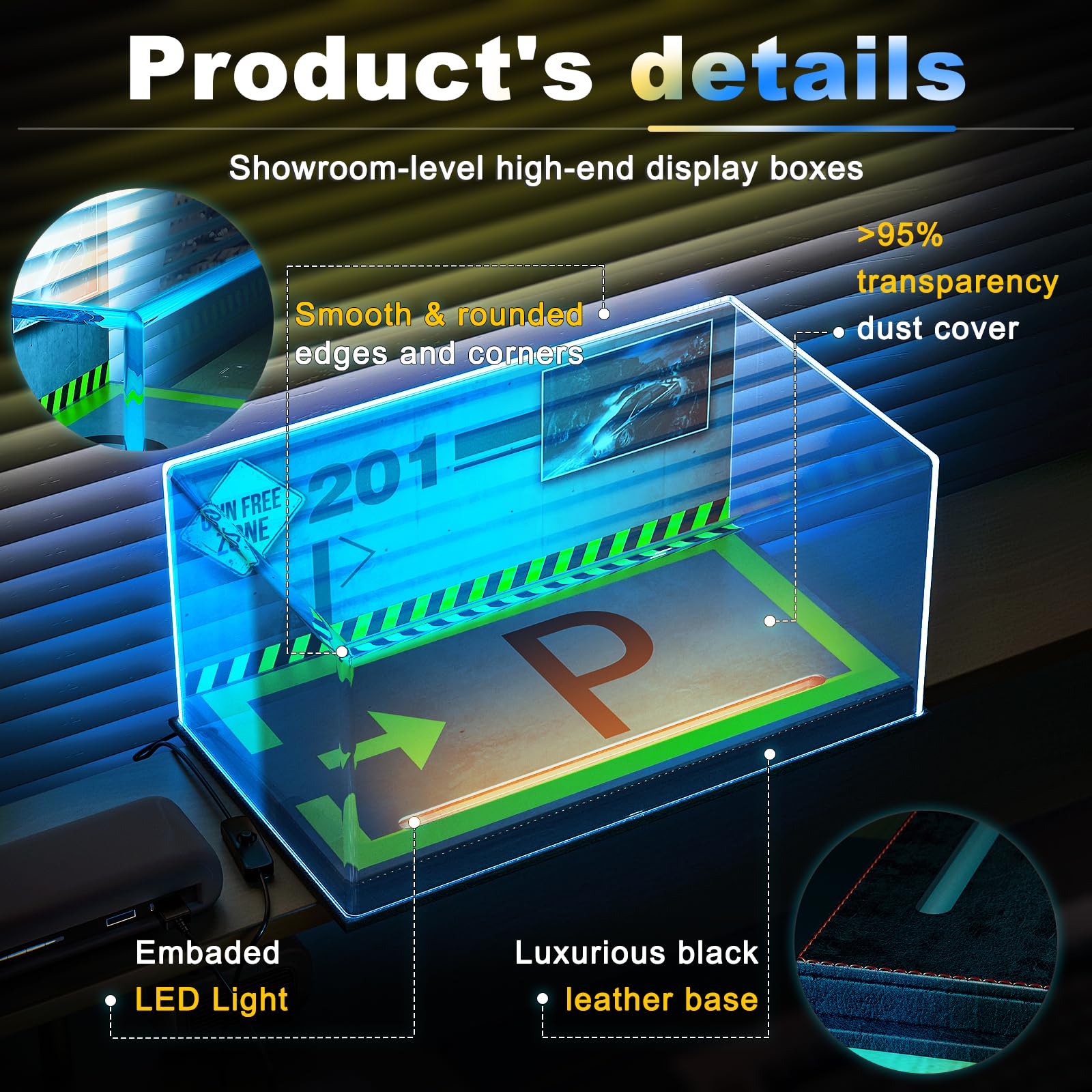 Lighted Display Case for 1/18 Scale Model Cars , No Assemble Show Case with Lights and Leather Base, Clear Acrylic Display Box for Cars Baseball