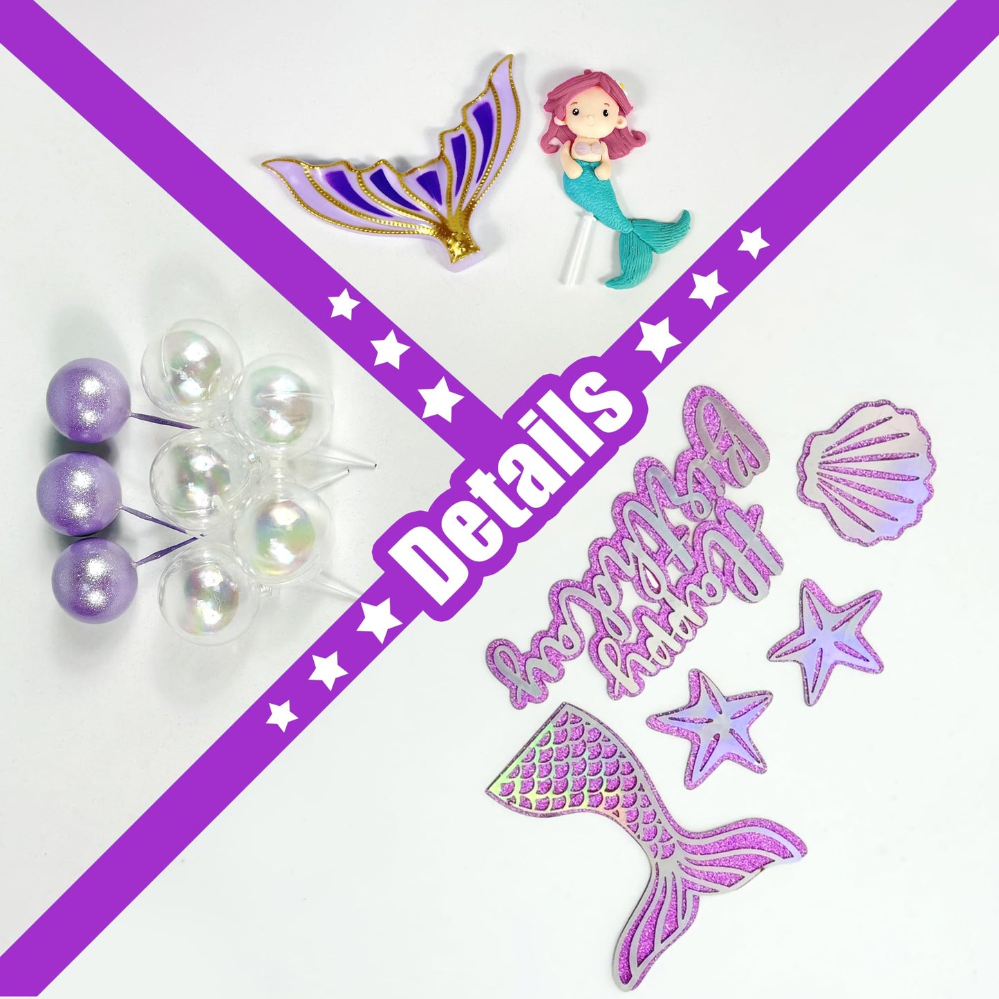 Mermaid Cake Toppers with Shell Starfish Fishtail Balls for Mermaid Birthday Supplies (Style1)