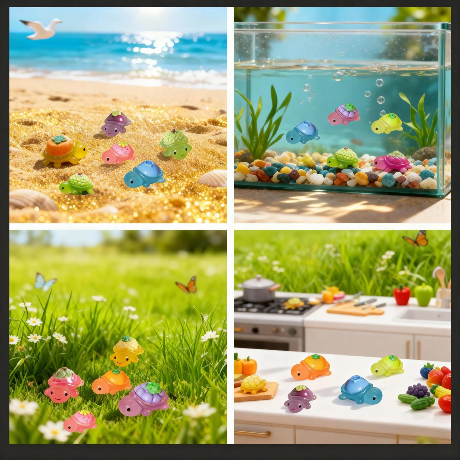 50 Pcs Small Bulk Mini Resin Turtles, Glow-in-The-Dark Fairy Garden Accessories with Fruit Designs, Ocean Theme Collection for Miniature Scenes, 10