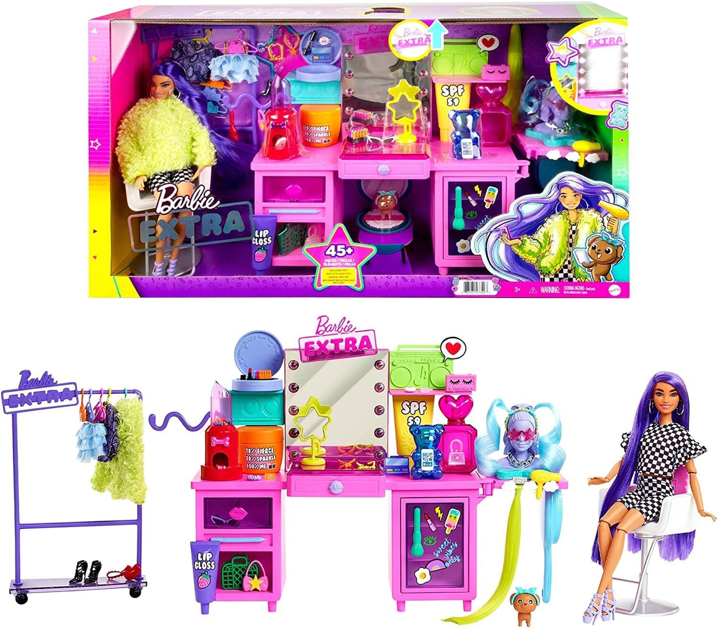 Barbie Extra Doll & Vanity Playset with Exclusive Doll, Pet Puppy, 45+ Pieces Including Clothes & Accessories, Toy Gift for Kids 3Y+, GYJ70