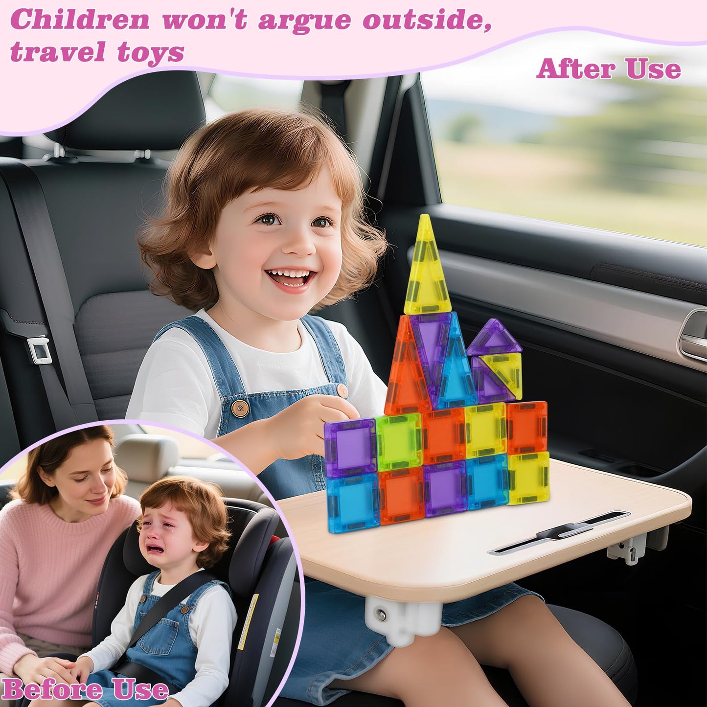 Vrythn Mini Magnetic Tiles Travel Set- 50PCS Travel Toys with Portable Iron Box, Rounded Edges, Colorful STEM Toys for Kids Ages 3+