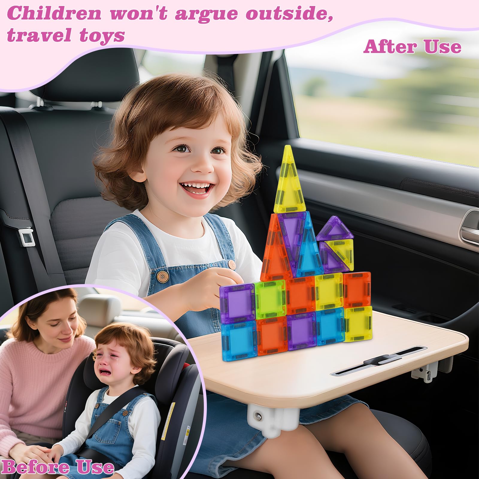 Vrythn Mini Magnetic Tiles Travel Set- 50PCS Travel Toys with Portable Iron Box, Rounded Edges, Colorful STEM Toys for Kids Ages 3+
