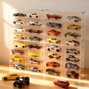 4-Pack Clear Display Case for 1/64 Scale Die-Cast Cars, Compatible with Hot Wheels & Matchbox, Wall-Mountable & Stackable Toy Car Storage Boxes, Holds
