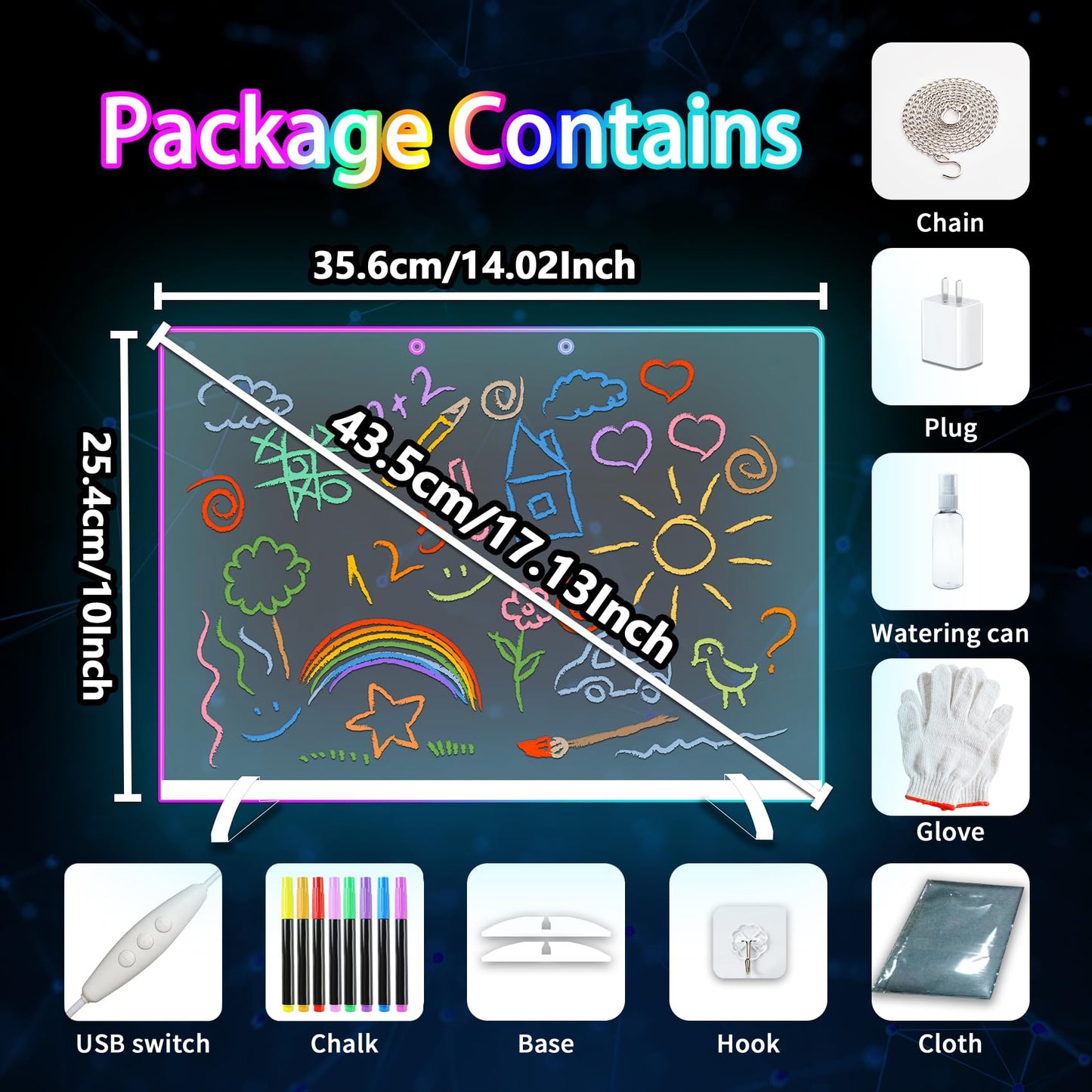 Portable Led Drawing Board for Kids, 16" Doodle Glow LED Note Board with 10 Colors Light & 6 Modes, Light Up Acrylic Dry Erase Magic Board, Doodling