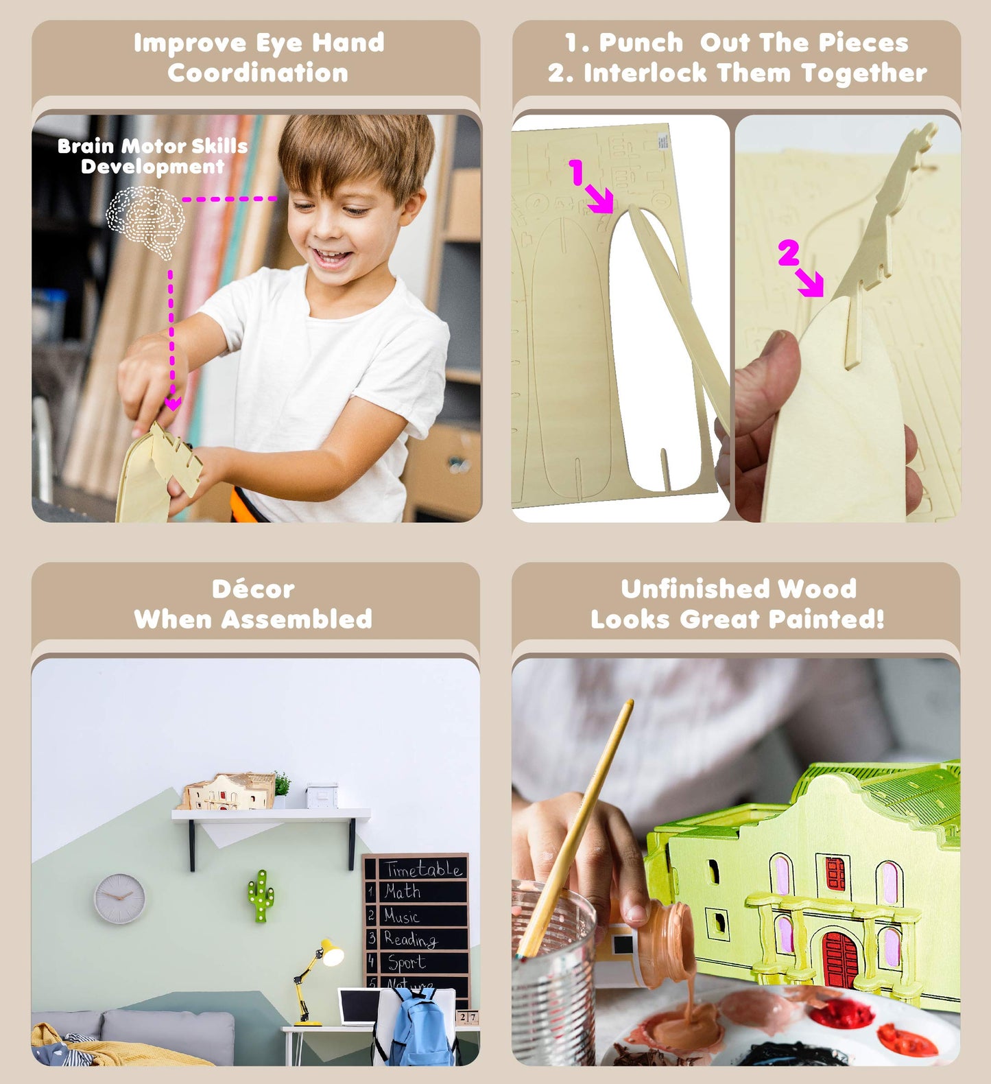 Puzzled The Alamo 3D Puzzle Wood Building Kit - 3D Wooden Puzzle Model Building Kits for Kids and Adults, Fun Educational Construction DIY Wooden