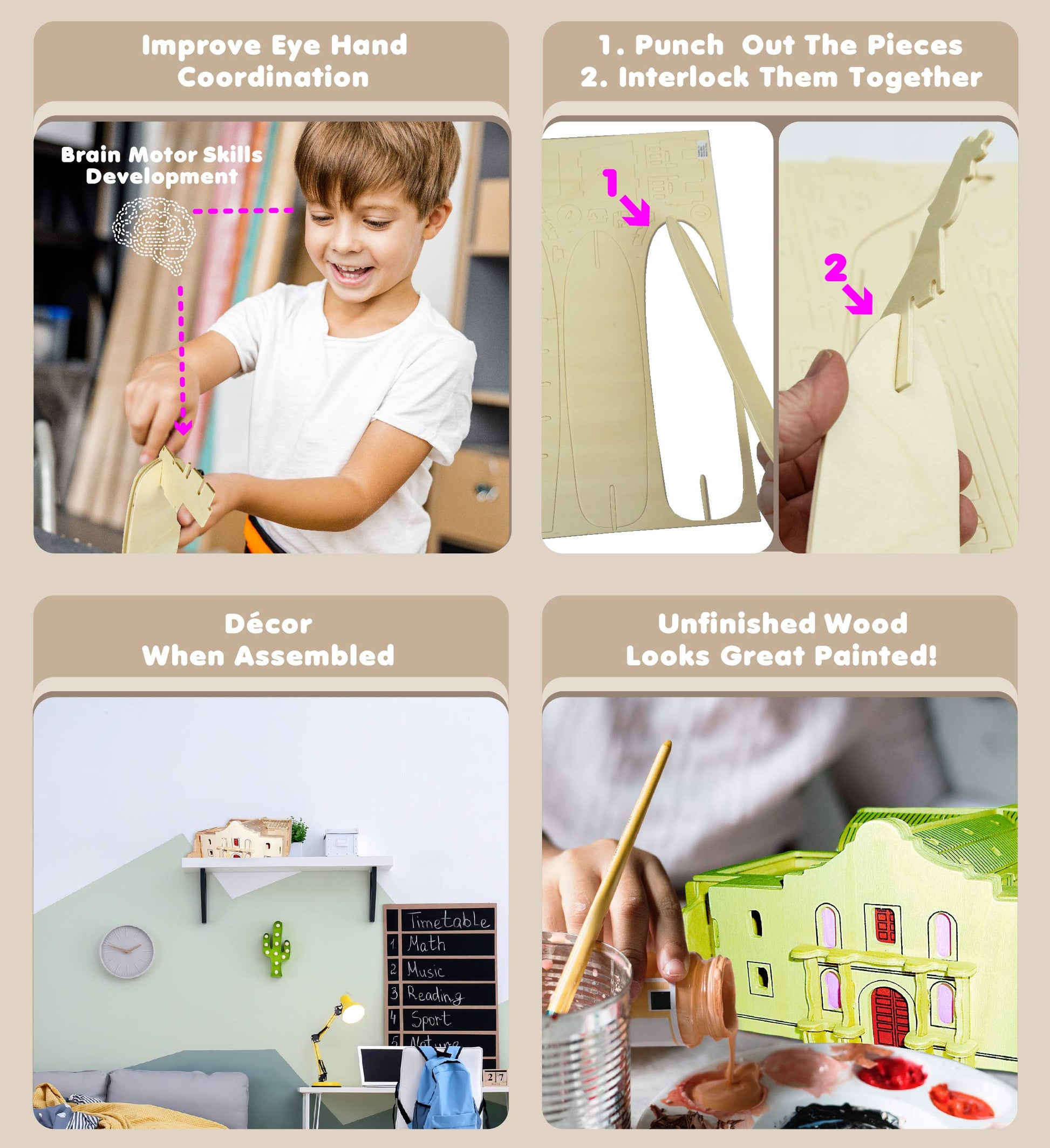 Puzzled The Alamo 3D Puzzle Wood Building Kit - 3D Wooden Puzzle Model Building Kits for Kids and Adults, Fun Educational Construction DIY Wooden