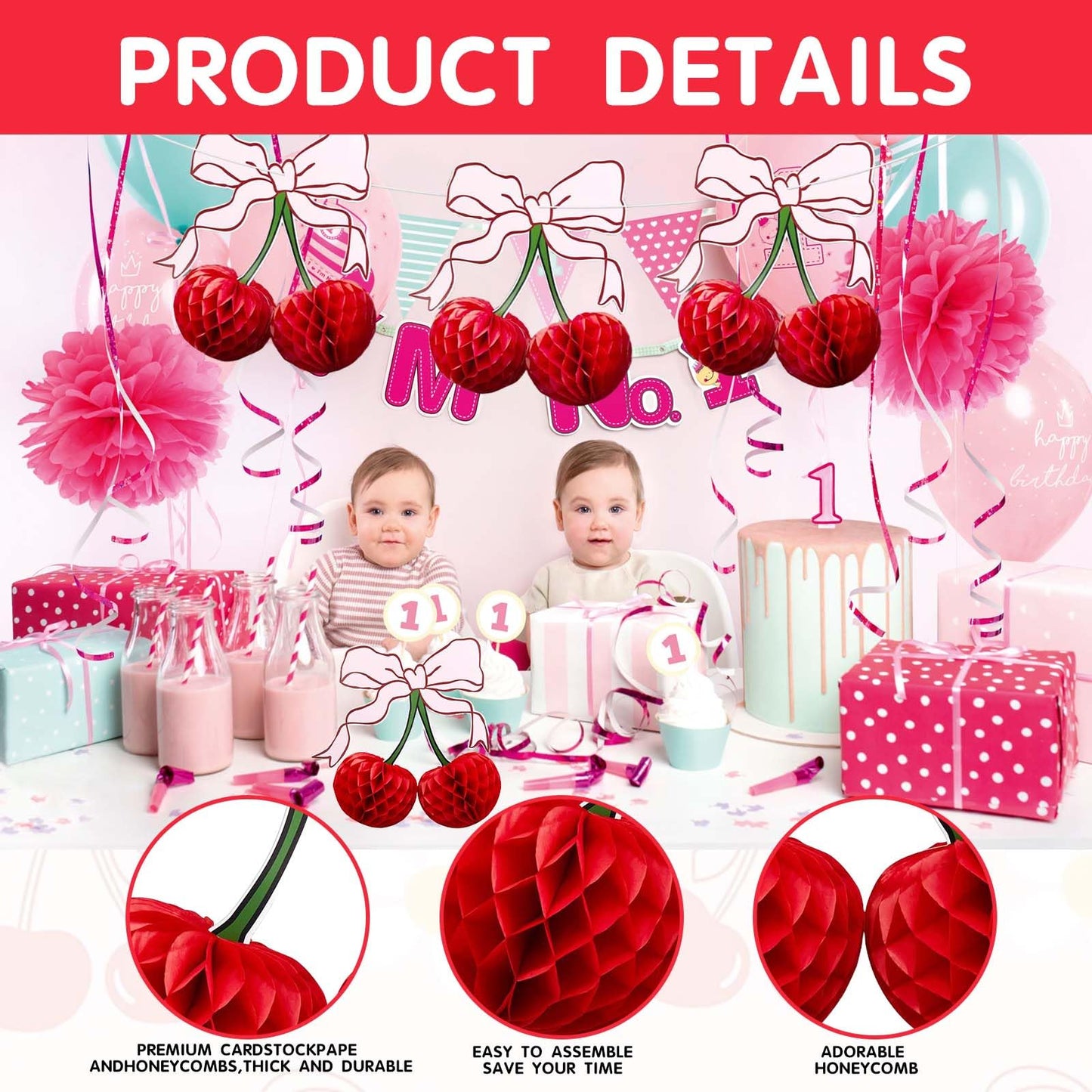 3D Cherry Bow Honeycomb Decorations, 4-Pcs 12 Inch Large Cherry Table Decorations and Cherry On Top Centerpieces, Cherry Decoration for Birthdays
