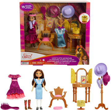 Mattel Spirit Untamed Lucky’s Attic Adventure Playset, Lucky Doll (7-in) with Vanity, Chair, Hat Rack, Zoetrope, Extra Outfit, Boots & Accessories