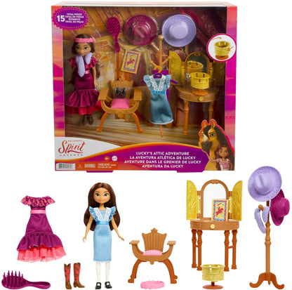 Mattel Spirit Untamed Lucky’s Attic Adventure Playset, Lucky Doll (7-in) with Vanity, Chair, Hat Rack, Zoetrope, Extra Outfit, Boots & Accessories
