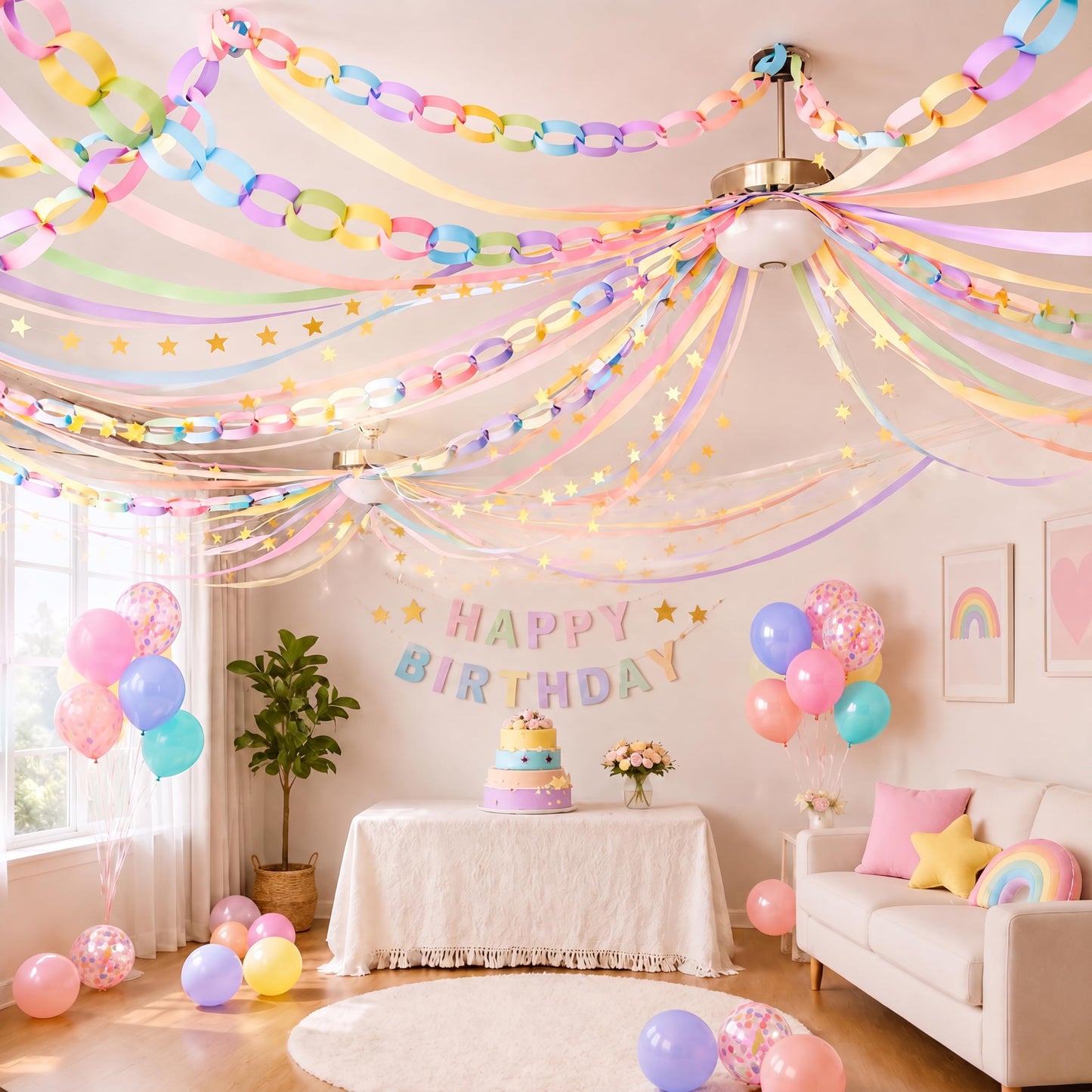 Baudane 542 Pcs Pastel Party Decorations 492 ft Crepe Paper Streamers, 500 Sheets Paper Chains Strips, 79.2ft Gold Star Garlands with 30 Balloons