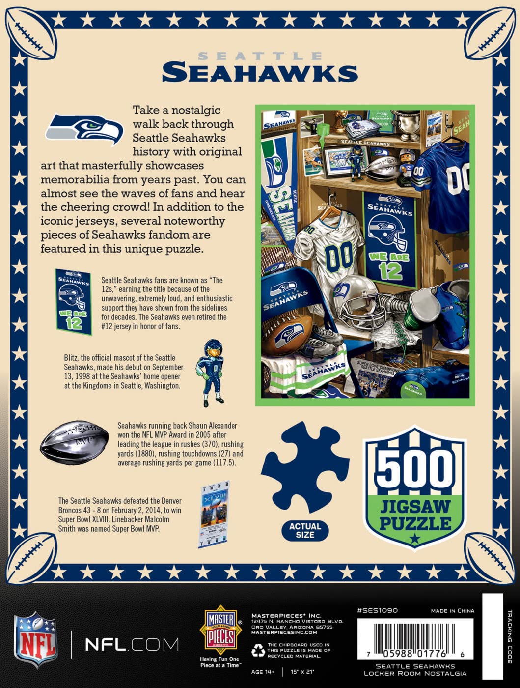 MasterPieces Game Day 500 Piece Jigsaw Puzzle for Adults - NFL Seattle Seahawks Locker Room - 15"x21"