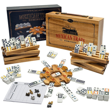 Mexican Train Dominoes Set with 8 Charcoal-burned Wooden Holders & Hub, Double 12 Dominos Set Colored Dot 91 Tiles in Vintage Wooden Case, Travel