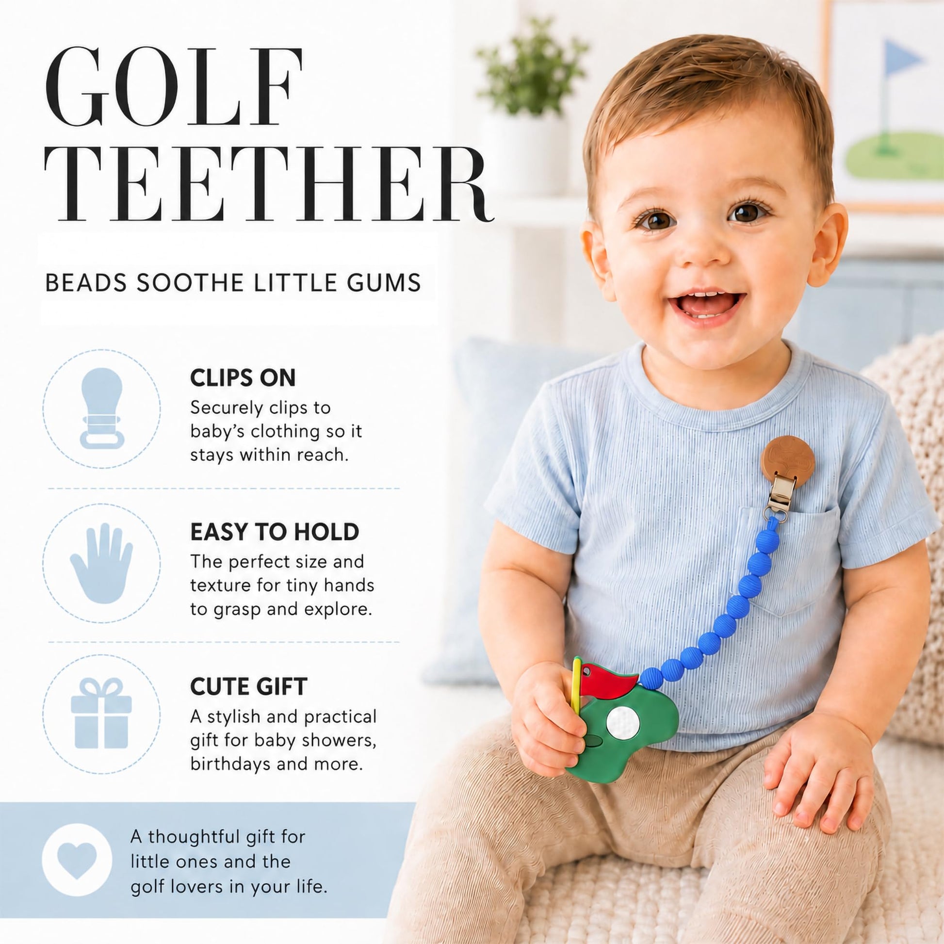 Mud Pie Golf Clip On Teether, Silicone Baby Teether Toy for Infant Teething Relief, Baby Teething