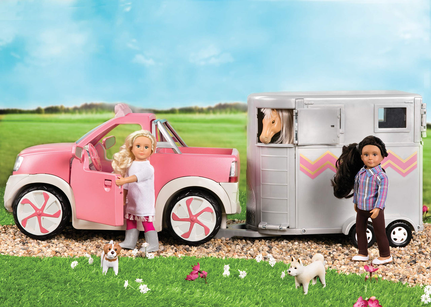 Lori - Pick - Up Truck for Mini Dolls - Pink Car for 6-Inch Dolls - Real Radio & Trailer Hitch - Music & Lights - 3+ Years- Ride & Shine Pickup Truck