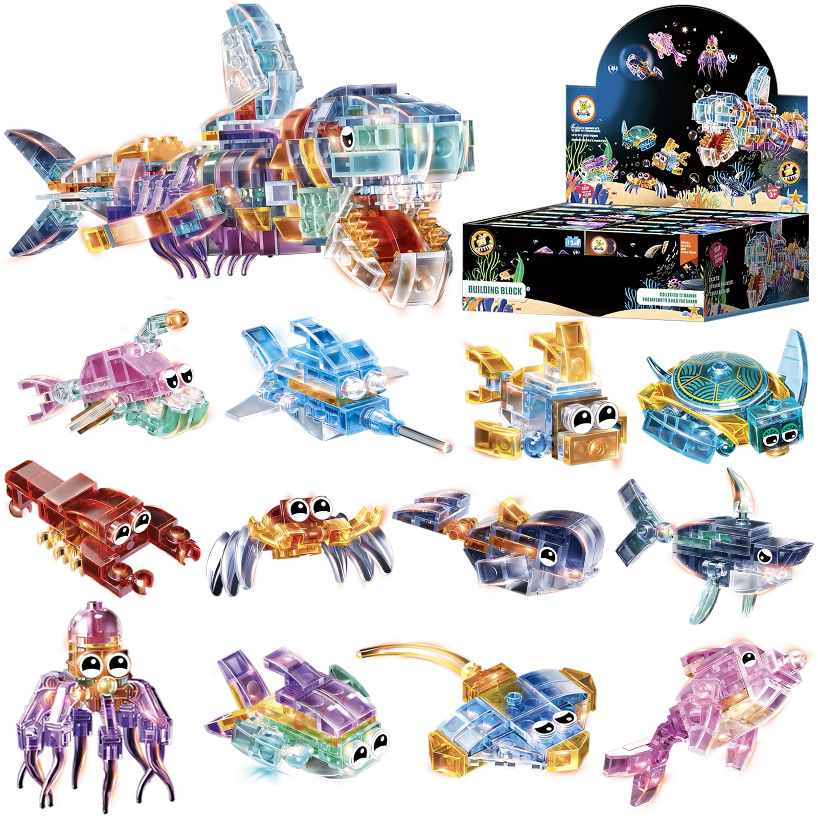 YCJZXMS 12 Piece Set of Marine Animal Building Blocks, Suitable for Goodie Bags, Stocking Stuffer, Classroom prizes, Birthday Gifts, Boys' and Girls'
